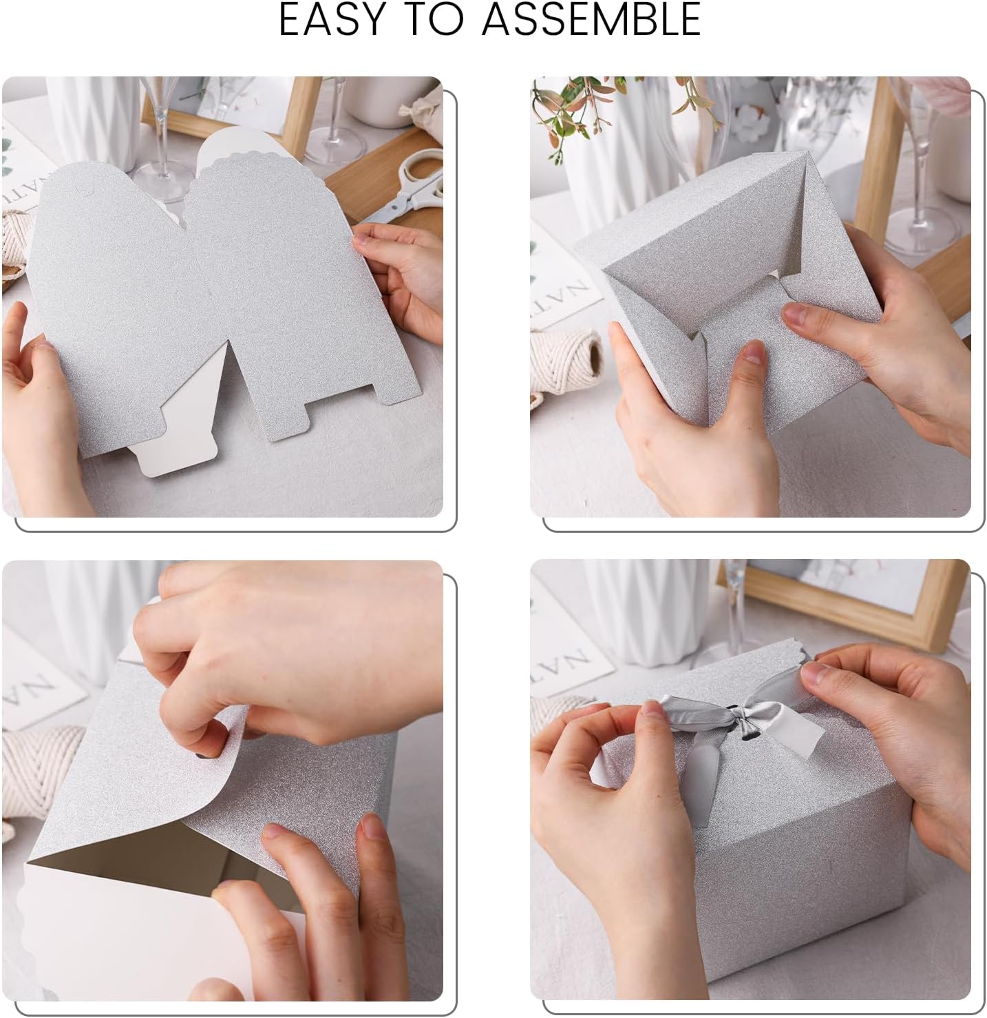 VGOODALL Sliver Glitter Gift Boxes, Paper Treat Boxes Shiny Candy Box with Ribbon for Wedding Cookie Chocolates Small Gifts