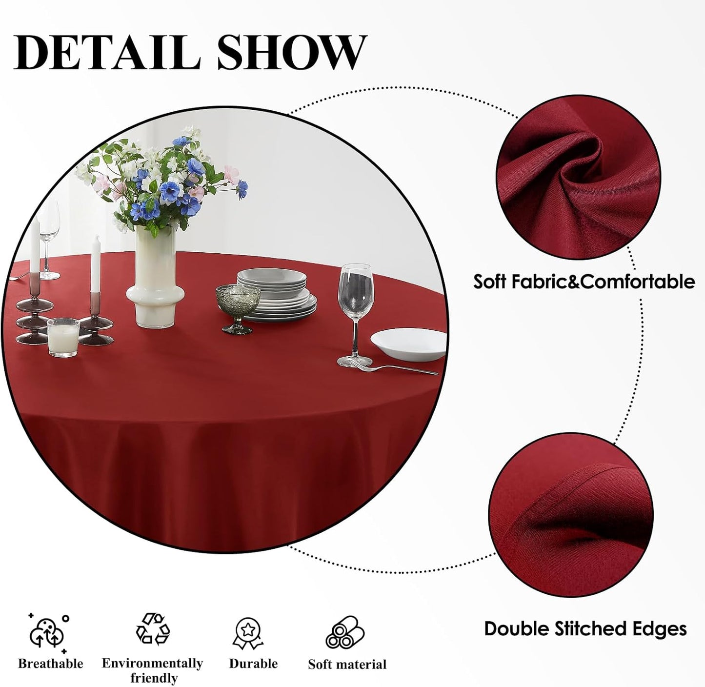 Round Tablecloth 120 Inch Tablecloth 2 Pack Red Table Cloths Washable Decorative Linen Polyester TableClothes Cover for Dining Table Banquets Buffet Parties and Wedding