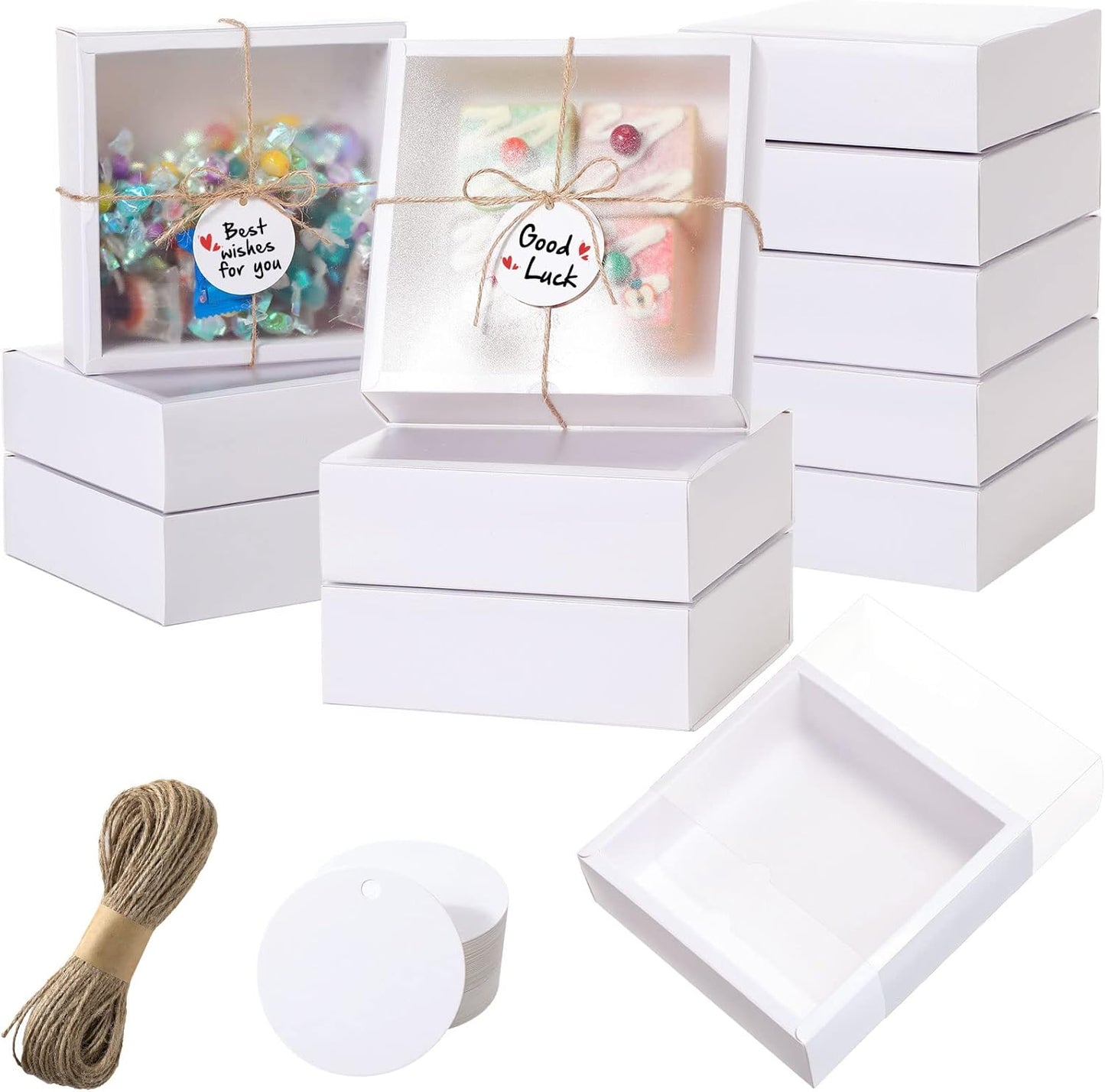 Roowest 50 Sets Kraft Soap Boxes Rectangle Packaging Box with Window Homemade Gift Box with Blank Tags and Jute String for Jewelry Candy Wrapping Party Favor(6.5 x 6.5 x 2 Inch,White)