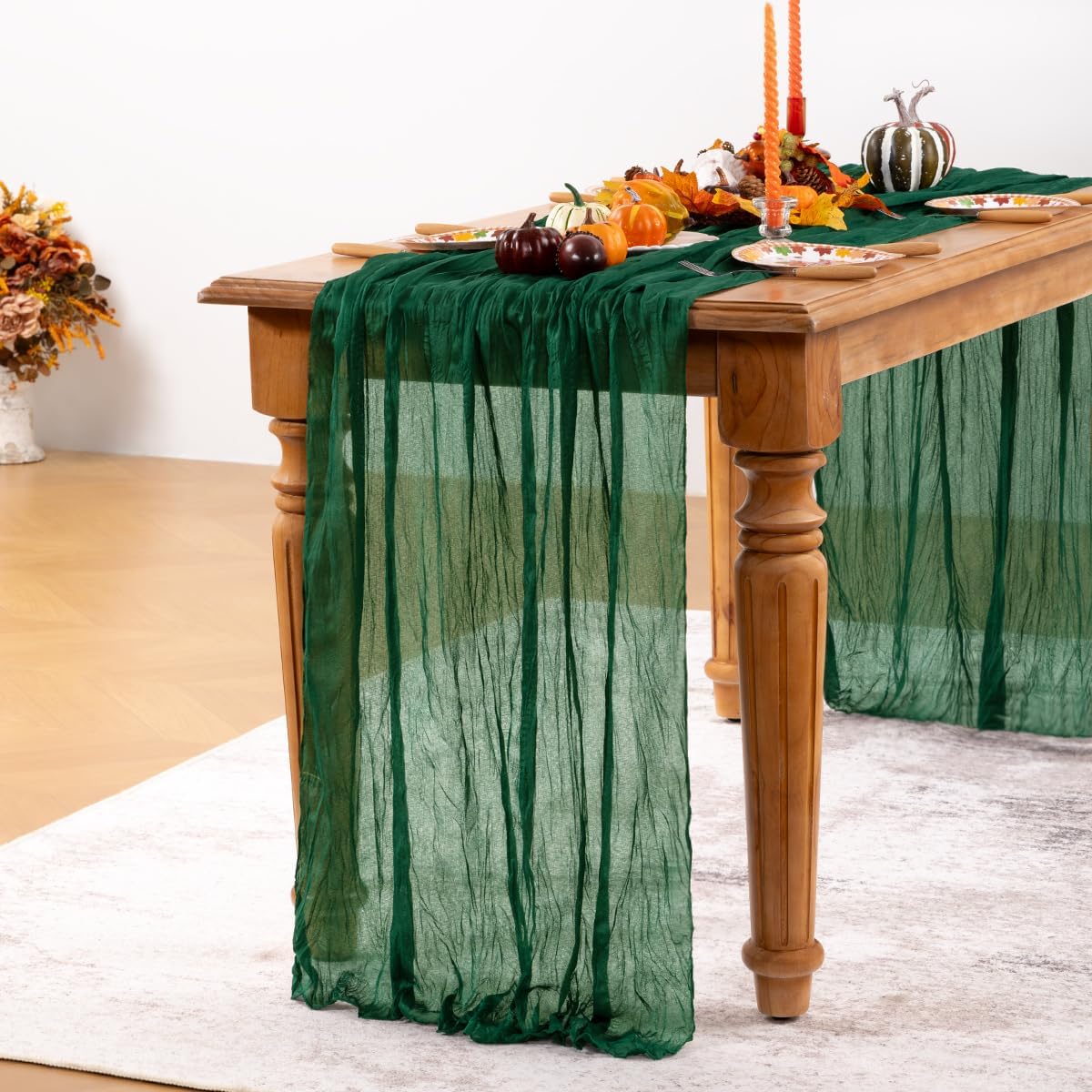 Emerald Green Cheesecloth Table Runner 4 Pack Fall Table Runners Boho Gauze 120 Inches Green Cheese Cloth Fall Table Decorations for Thanksgiving Wedding Bridal Baby Shower Tea Party