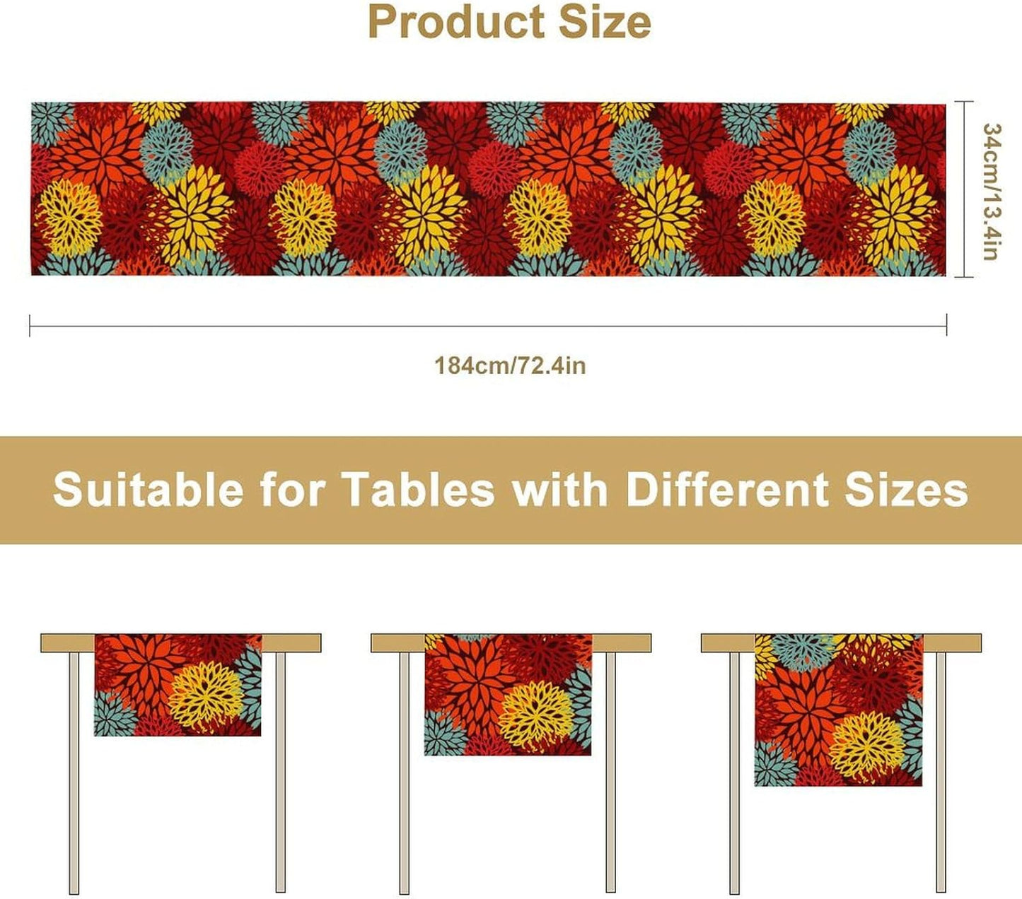 Red Yellow Dahlia Table Runner, Seasonal Autumn Thanksgiving Pattern Print for Home Kitchen Table Decor Dining Coffee Room Party Decor 13x90 Inch