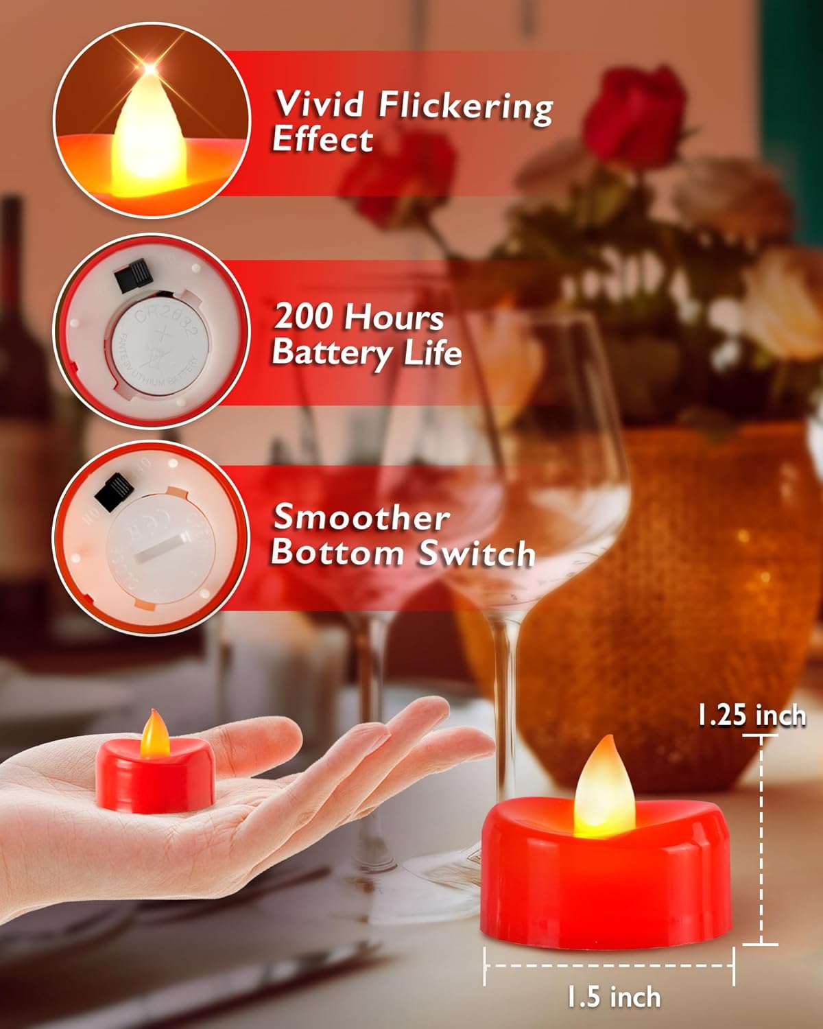 Raycare Red LED Tea Lights Battery Operated, 200+Hour Flickering Votive Candles,Realistic Fake Flameless Tea Lights for Wedding Party Halloween Thanksgiving Christmas Decorations, 24 Pack