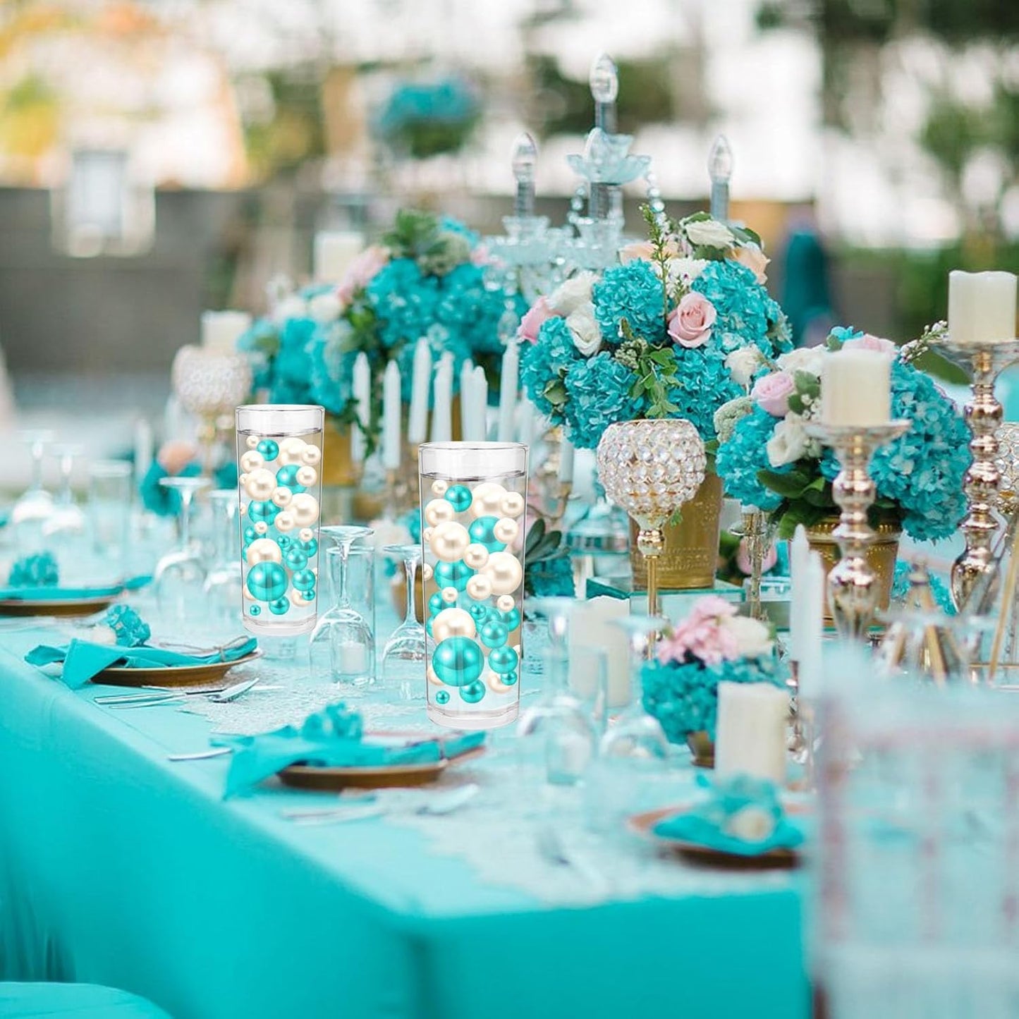 100PCS Teal White Faux Pearls Beads for Centerpiece Vases, Vase Filler Faux Pearls, No Holes Filler Beads for Party Anniversary Birthday Wedding Table Decor, 14/20/30mm