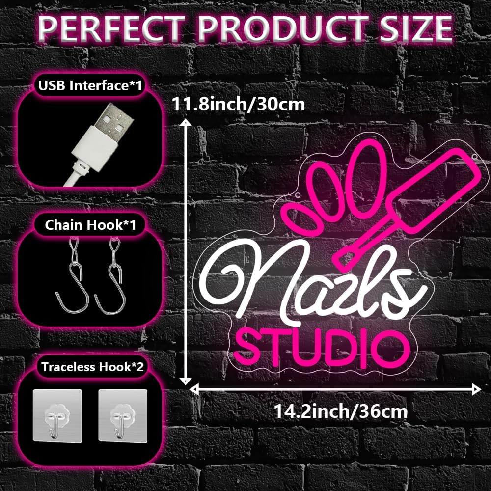 Nail Room Neon Sign,Pink Nails Studio LED Light for Wall Art Decor,Backdrop for Business Lash Salon Beauty Room Bar,Pink Dimmable Light Up Signs Gift for Girls Women Nail Tech USB Powered（14.2"*11.8"）