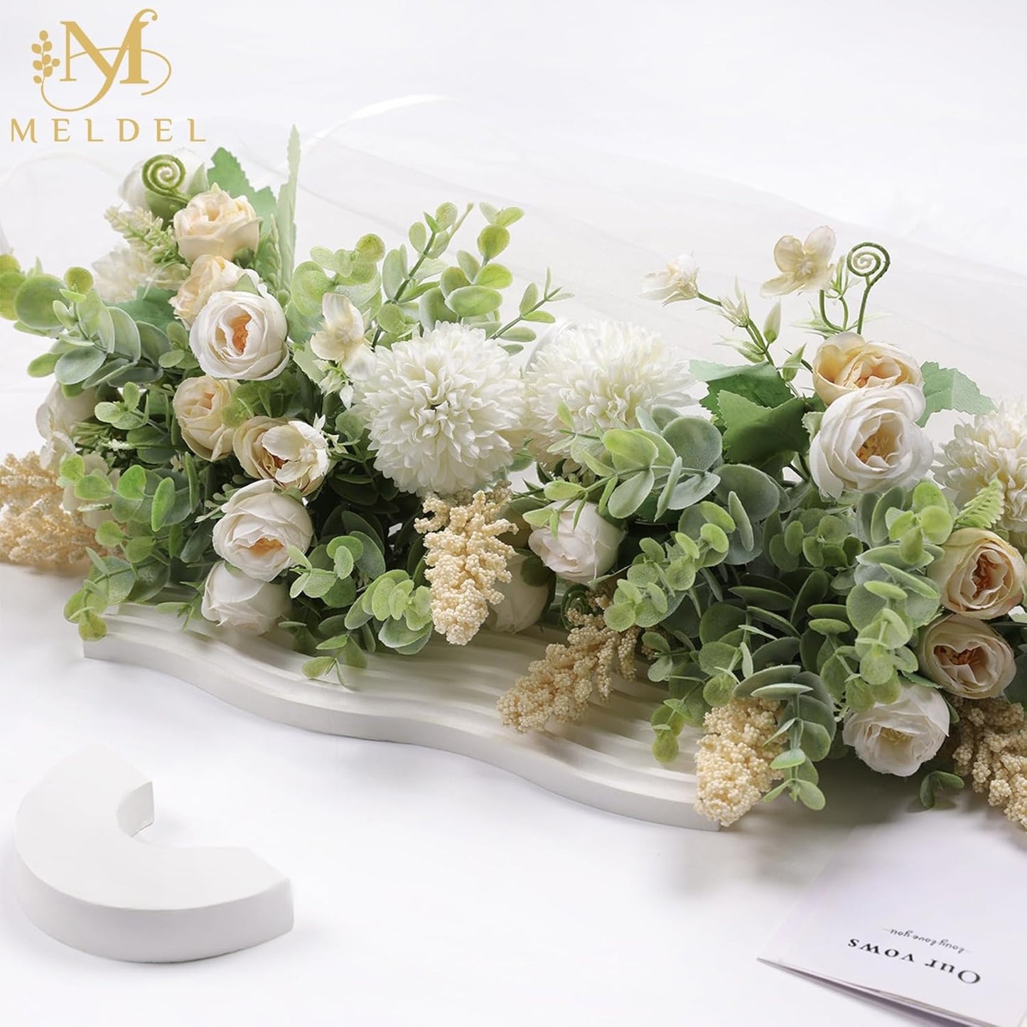 Meldel 3Pcs Rose Bouquet White&Champagne Artificial Flowers Eucalyptus Plants Silk Flower Arrangements Wedding Bouquets Decorations Plastic Floral Centerpieces for Home Kitchen Garden Party Decor