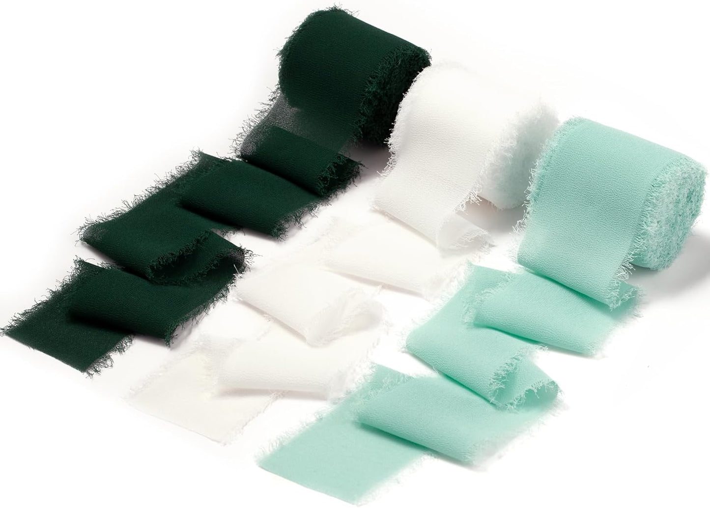 DORIS HOME 2" x21Yd Chiffon Ribbon for Flower Bouquet, Green & Ivory Fabric Ribbon for Gift Wrapping, Handmade Frayed Ribbon for Wedding/Christmas Decorations