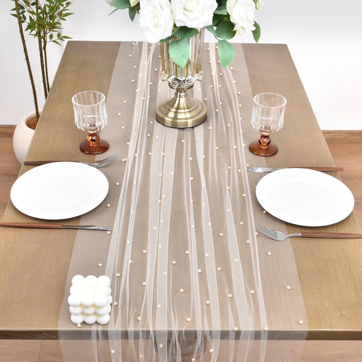 Joanlody Fall Pearl Table Runner 10ft Rustic Boho Tulle Table Runner with Pearls for Baby Shower Wedding Party Veil Dessert Thanksgiving Table Decor Champagne