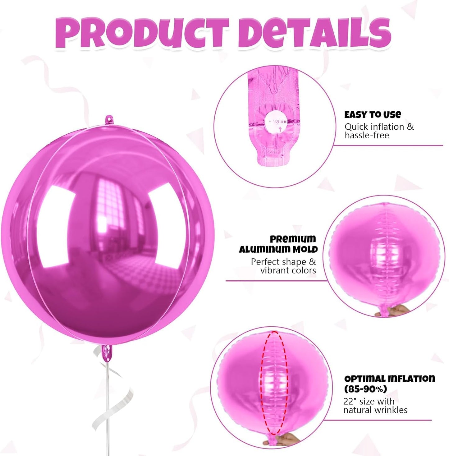 Giant 4D Foil Balloons, 6 Pcs Large Hot Pink Metallic Round Balloons, 22 Inch Big Round Hot Pink Foil Balloon for Kids Girls Prom Birthday Party Baby Shower Wedding Decorations