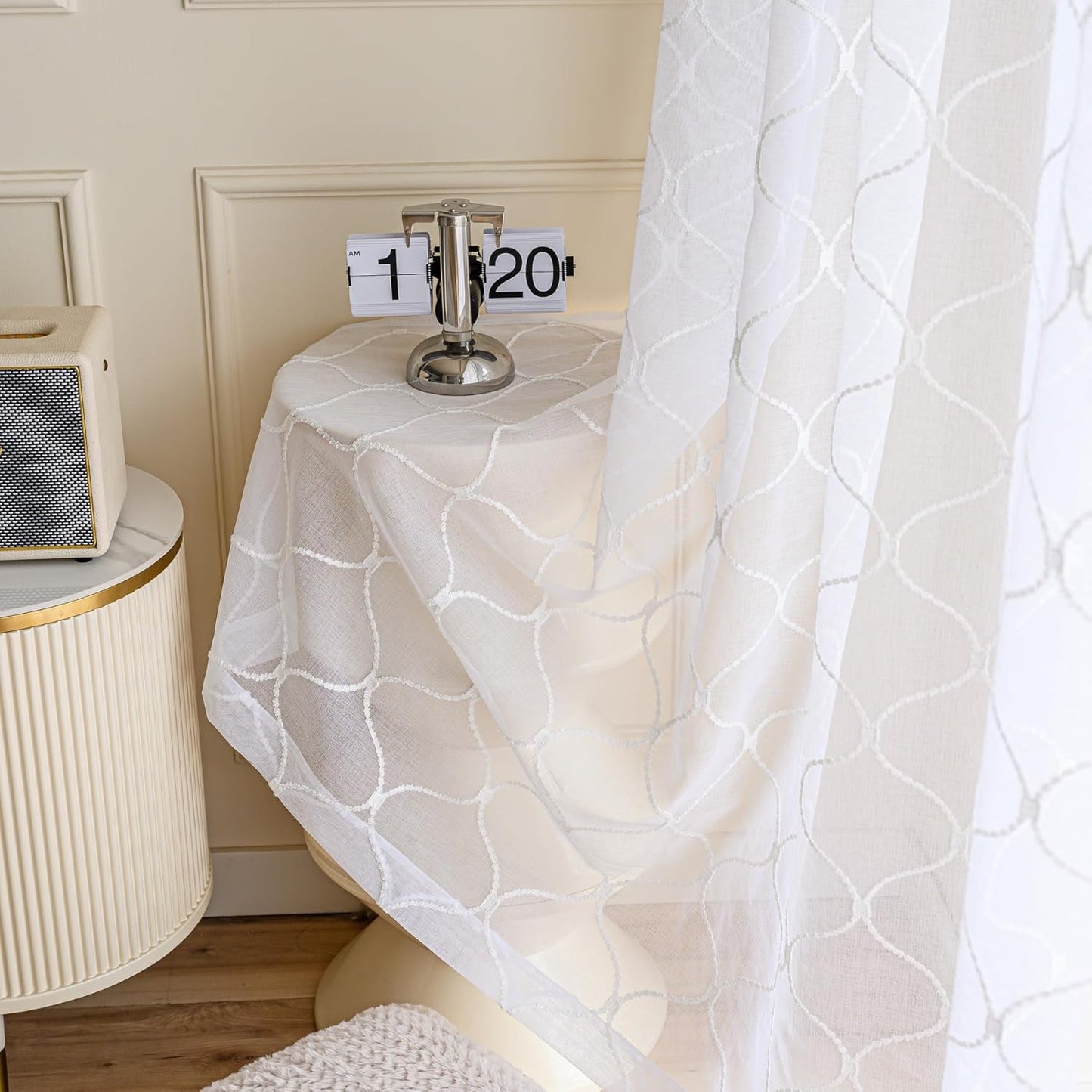 Sheer Curtains White 45 Inches,Wavy Diamond Embroidered Rod Pocket Voile Drapes for Living room, Bedroom, Window Treatments Semi Crinkle Curtain Panels for Yard, Patio, Parlor, 2 Panels, 52"x 45".