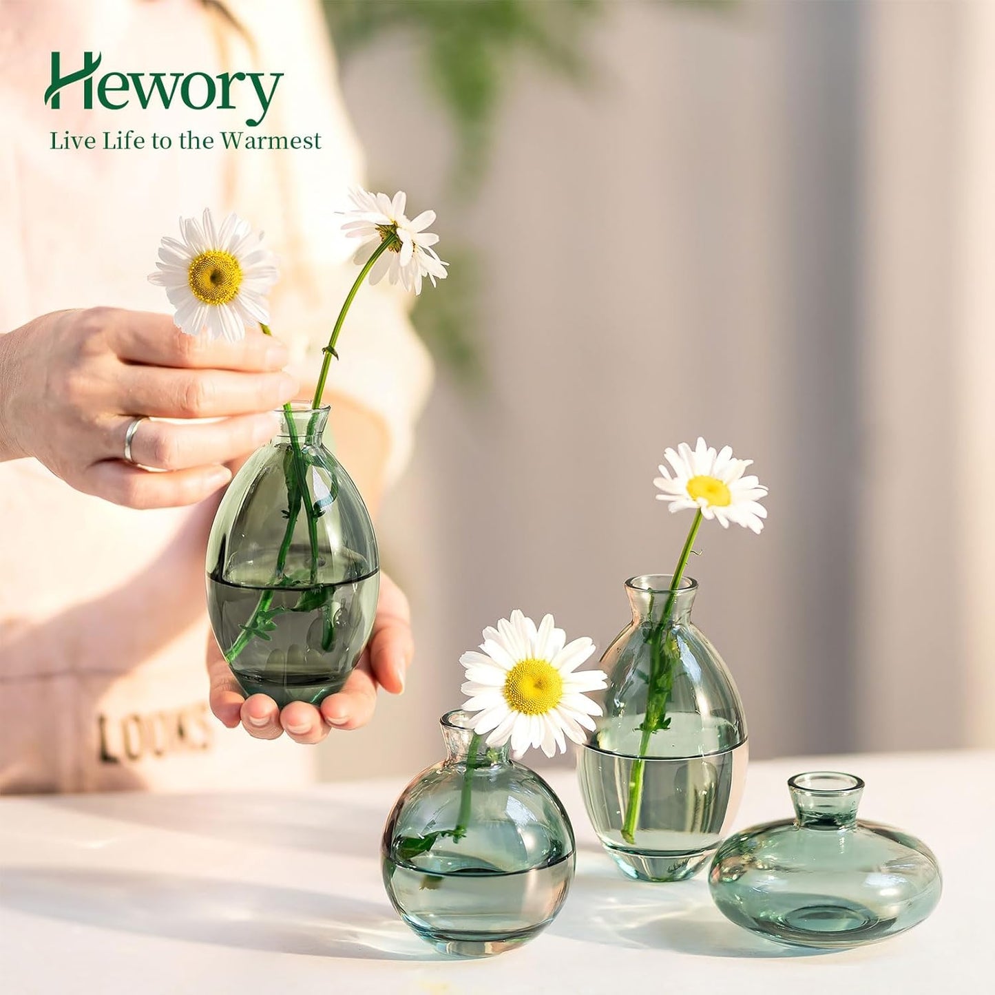 Glass Bud Vases Set of 12, Hewory Cute Green Small Vases Handmade, Mini Glass Flower Vase for Floral Arrangement, Tiny Centerpiece for Home Office Wedding Party Events Table Decor (Not Include Flower)