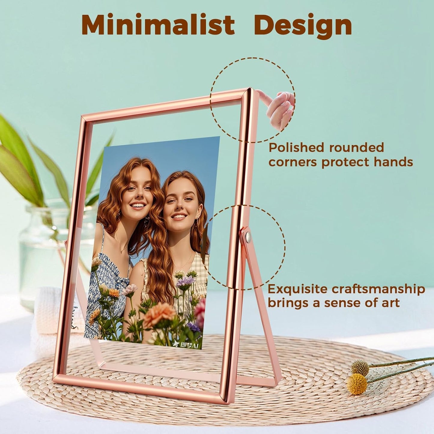 Rose Gold Floating Frame, 5"x7", Vertical, For Picture 4x6, 3.5x5, 2x3, Tabletop Use, Classy Gift For Anniversary, Wedding or Birthday