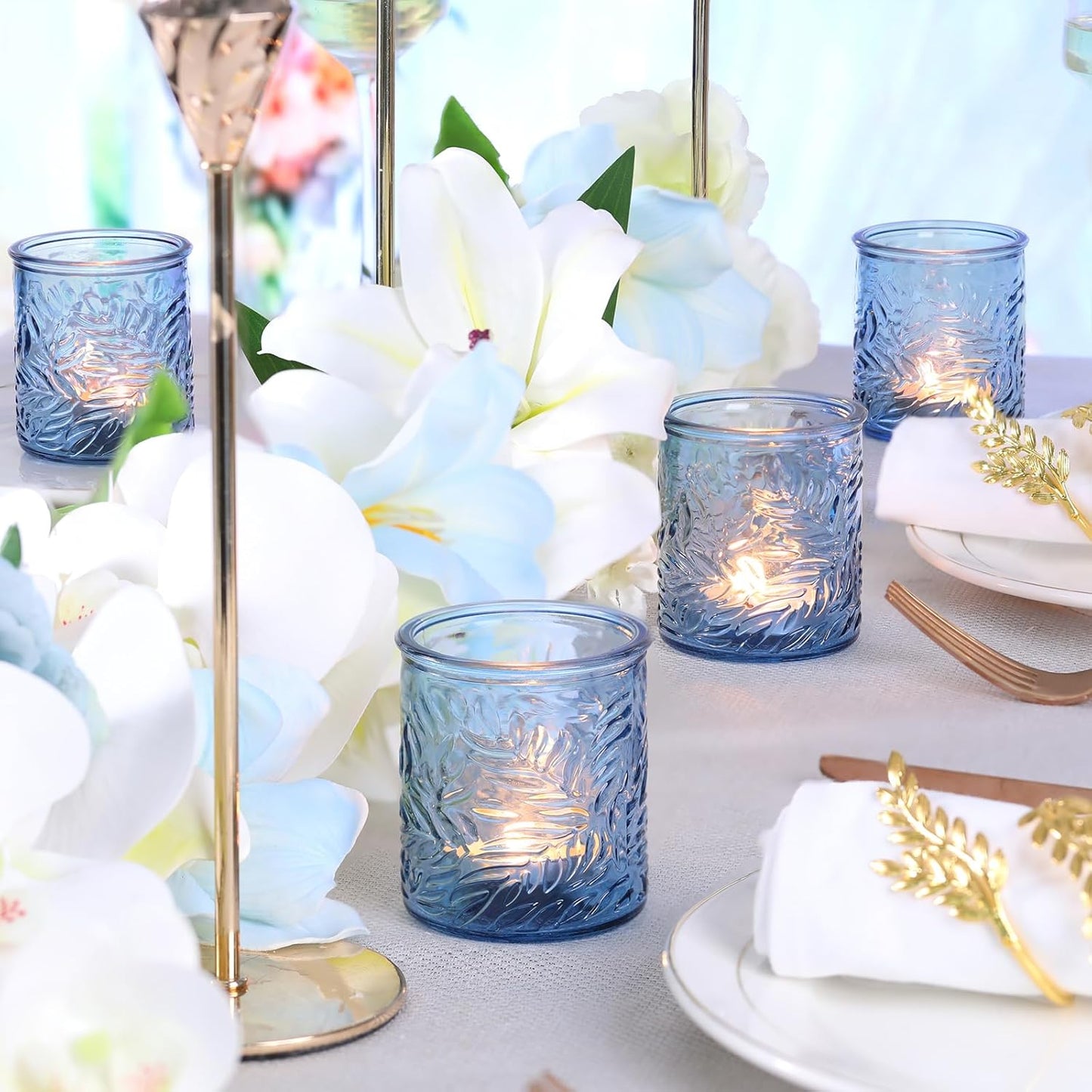 24 pcs Blue Votive Candle Holders, Tea Light Candle Holder for Wedding Centerpieces, Glass Candle Holders for Baby Shower Home Bridal Decoration Table Decor