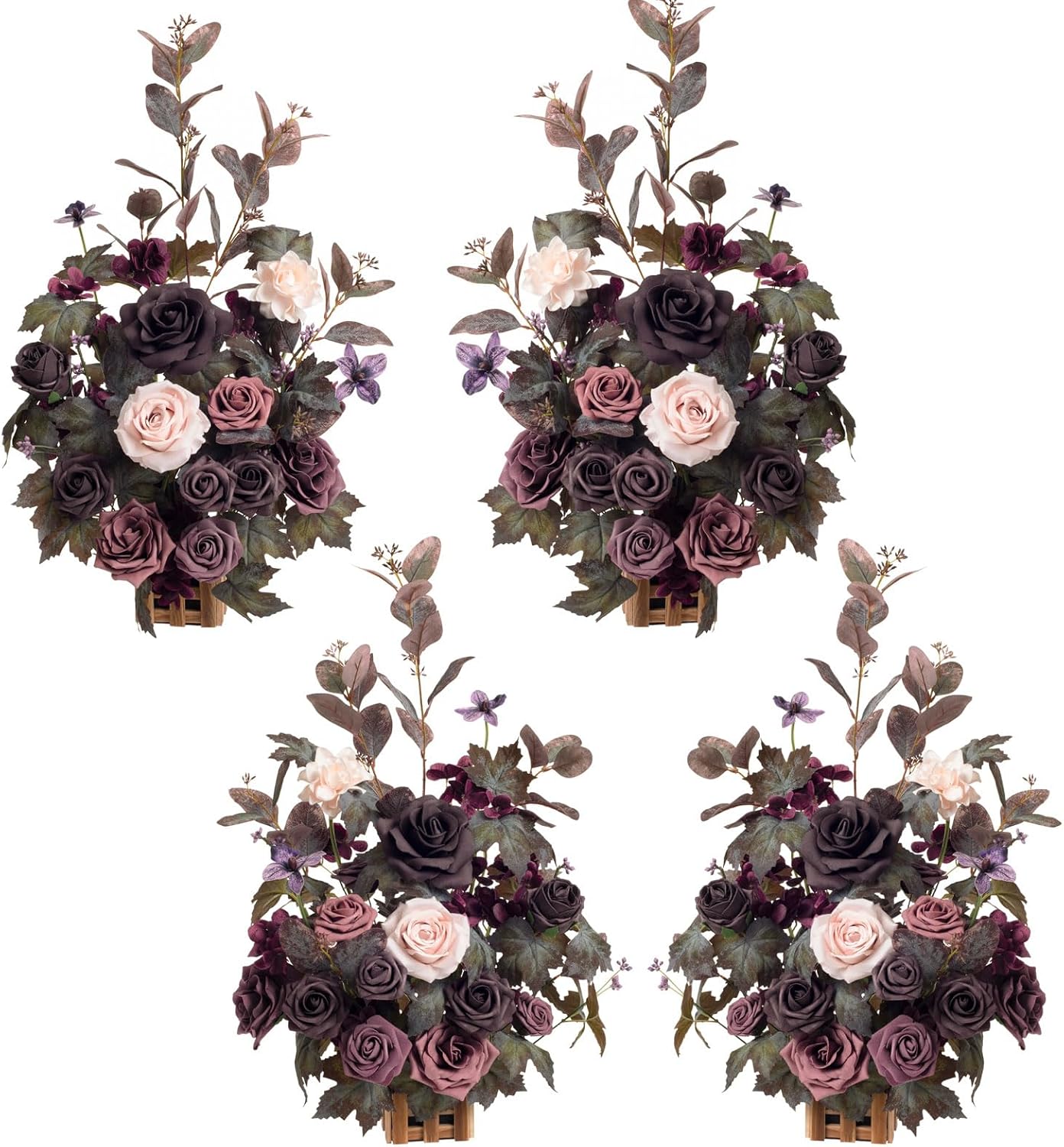 Ling's moment 17.5" Tall Standing Artificial Flowers Arrangements 4 pcs Fall Wedding Aisle Runner Chair Decorations Deep Plum Centerpieces for Ceremony Reception Rose Floral Party Outdoor