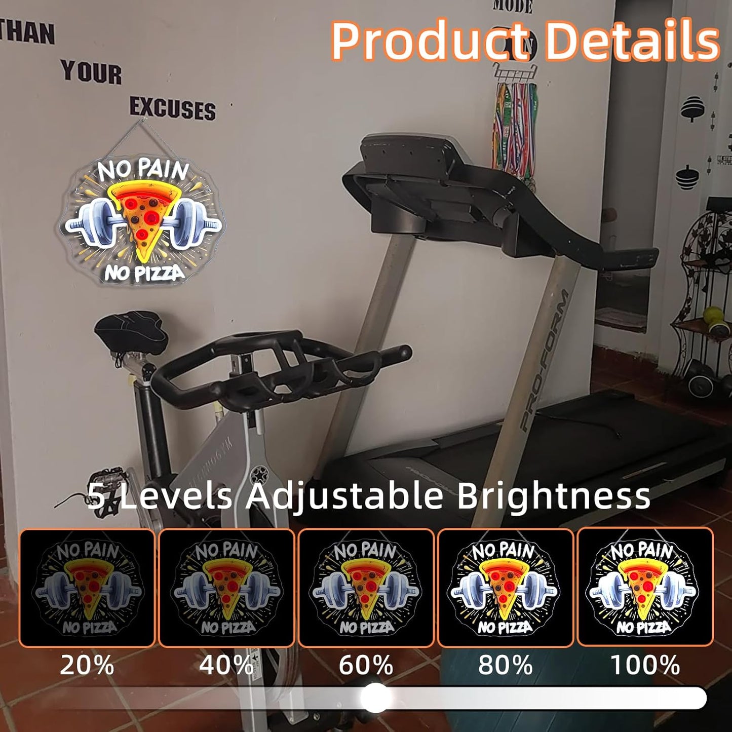 Lucunstar Gym Neon Sign No Pain No Pizza UV Printed Light Signs For Wall Decor Dimmable Dumbbell Barbell Led Lights Decoration Fitness Club Gift For Teens Sports Room USB Powered 14.57 x 12.6 inches