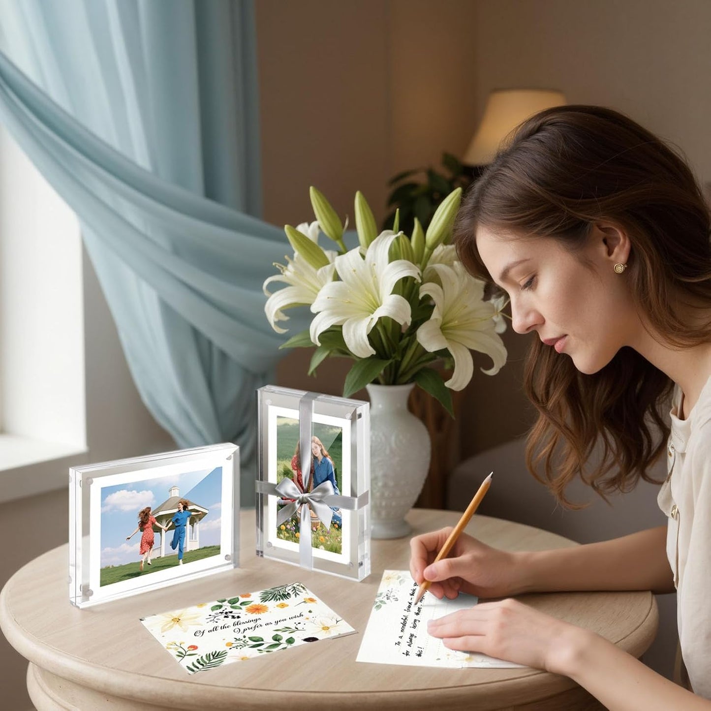 JOHOUSE 5 Pack 5 x 7 Acrylic Picture Frames, Double Sided Magnetic Photo Frames Self Standing Frameless Transparent for Desktop Display Gifts for Women