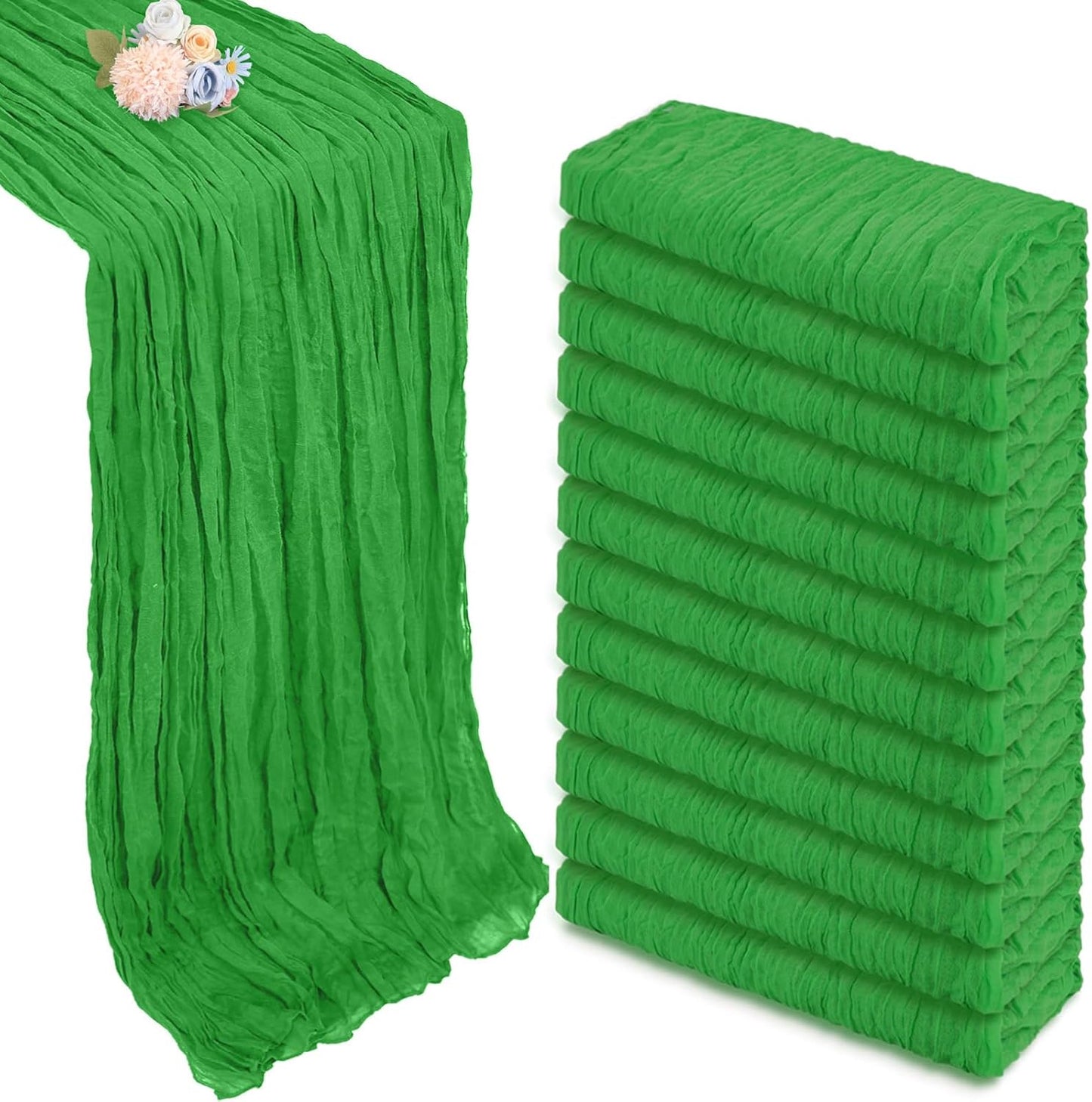 12 Pack Green Cheesecloth Table Runner 10ft Boho Gauze Fabric Cheese Cloth Table Runner 35 x 120 Inch Rustic Sheer Runner for Romantic Wedding Decor Baby Shower Party Table Centerpiece Decoration