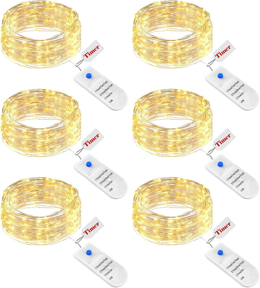 btfarm 6 Pack Fairy Lights Battery Operated with Timer, 2M 20 LED Mini String Lights Waterproof, 3 Modes Silver Wire Small Fairy Light for Jars Bottle Vases Christmas Table Decoration, Warm White