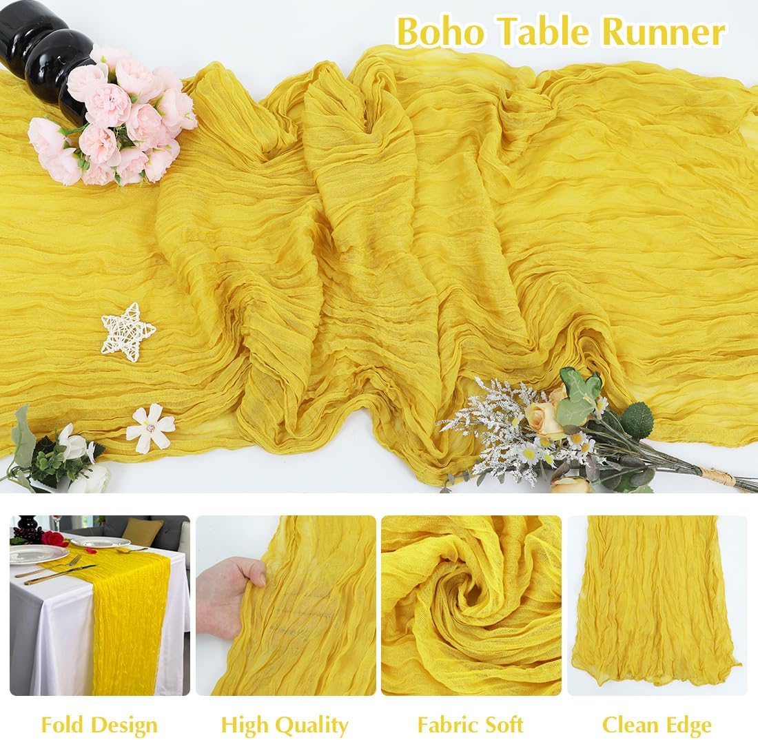 10 Pack Yellow Cheesecloth Table Runner -21*120Inch Long Boho Wedding Table Decor, Rustic Gauze Fabric Runner for Bridal Showers, Baby Showers & Parties (Sheer, Lightweight, Wrinkled Design)