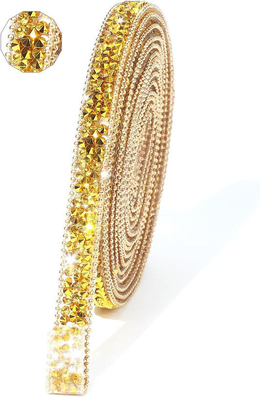 Rhinestone Ribbon 3 Yards Self Adhesive Rhinestone Strips Diamond Ribbon Sticker Crystal Roll Glitter Bling Rhinestones Tape for Crafting DIY Art Decoration (Gold,0.4 Inch)