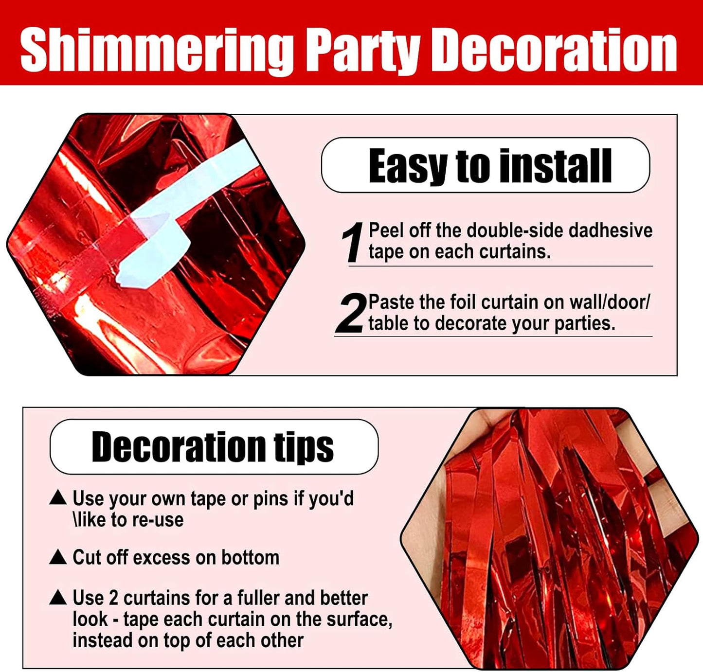 3 Pack Red Foil Fringe Curtain Backdrop, 3.28Ft x 8.2Ft Metallic Tinsel Foil Fringe Streamer Curtains for Photo Booth, Christmas Day, Thanksgiving, Wedding, New Year Party Decorations