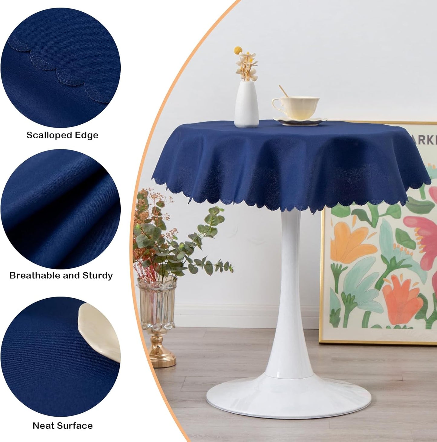 Round Navy Tablecloth 48 Inch Polyester Fabric Washable Table Cloth Decorative Wrinkle Resistant Solid Color Table Cover for Kitchen Dinning Party Wedding Camping