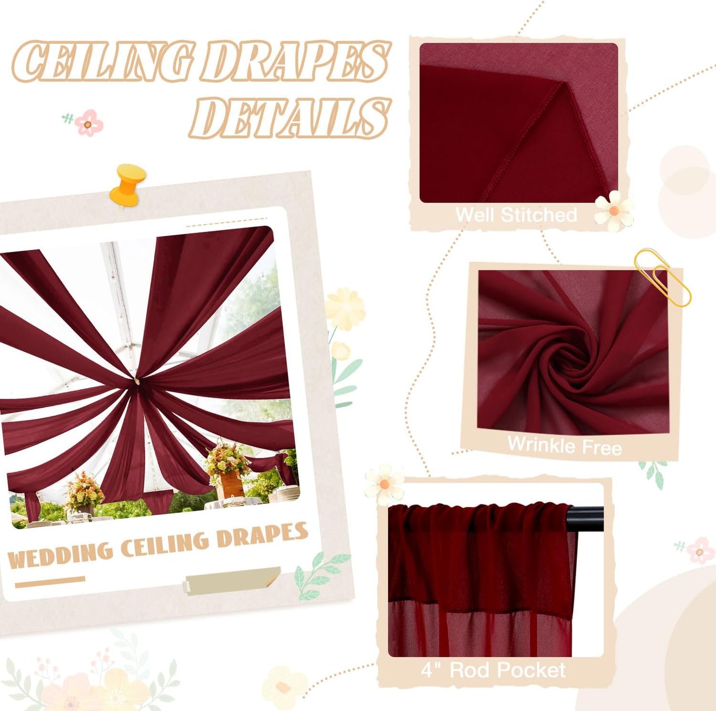 FUHSY Ceiling Drapes Wedding Arch Draping Fabric Chiffon Fabric Drapery Burgundy Chiffon Curtains for Backdrop 5FTx20FT 2 Panels Arch Decorations for Ceremony Party Wedding Archway Ceiling Curtains