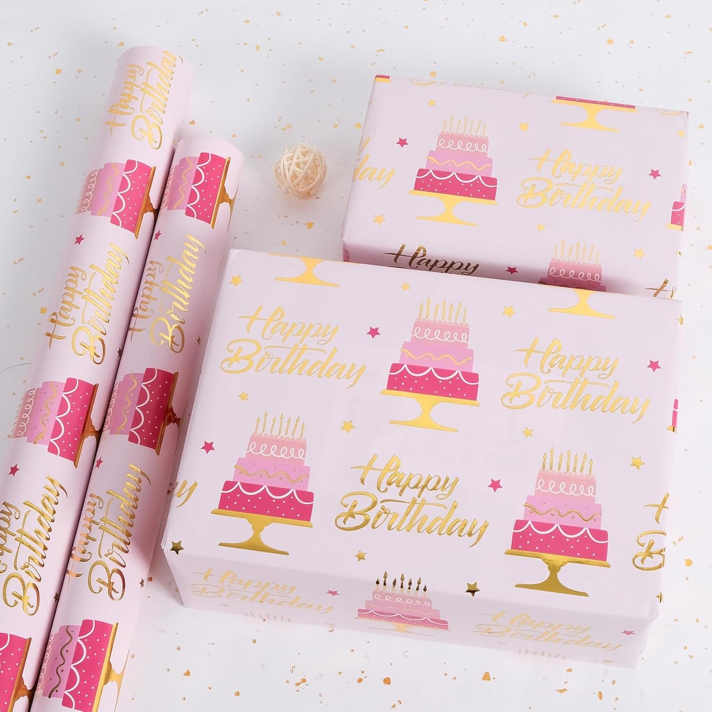 Aimyoo Pink Birthday Wrapping Paper Roll - 17 Inch X 32.8 Feet - Gold Foil Celebration Cake, Happy Birthday Lettering Design Gift Wrap for Kids, Baby Showers