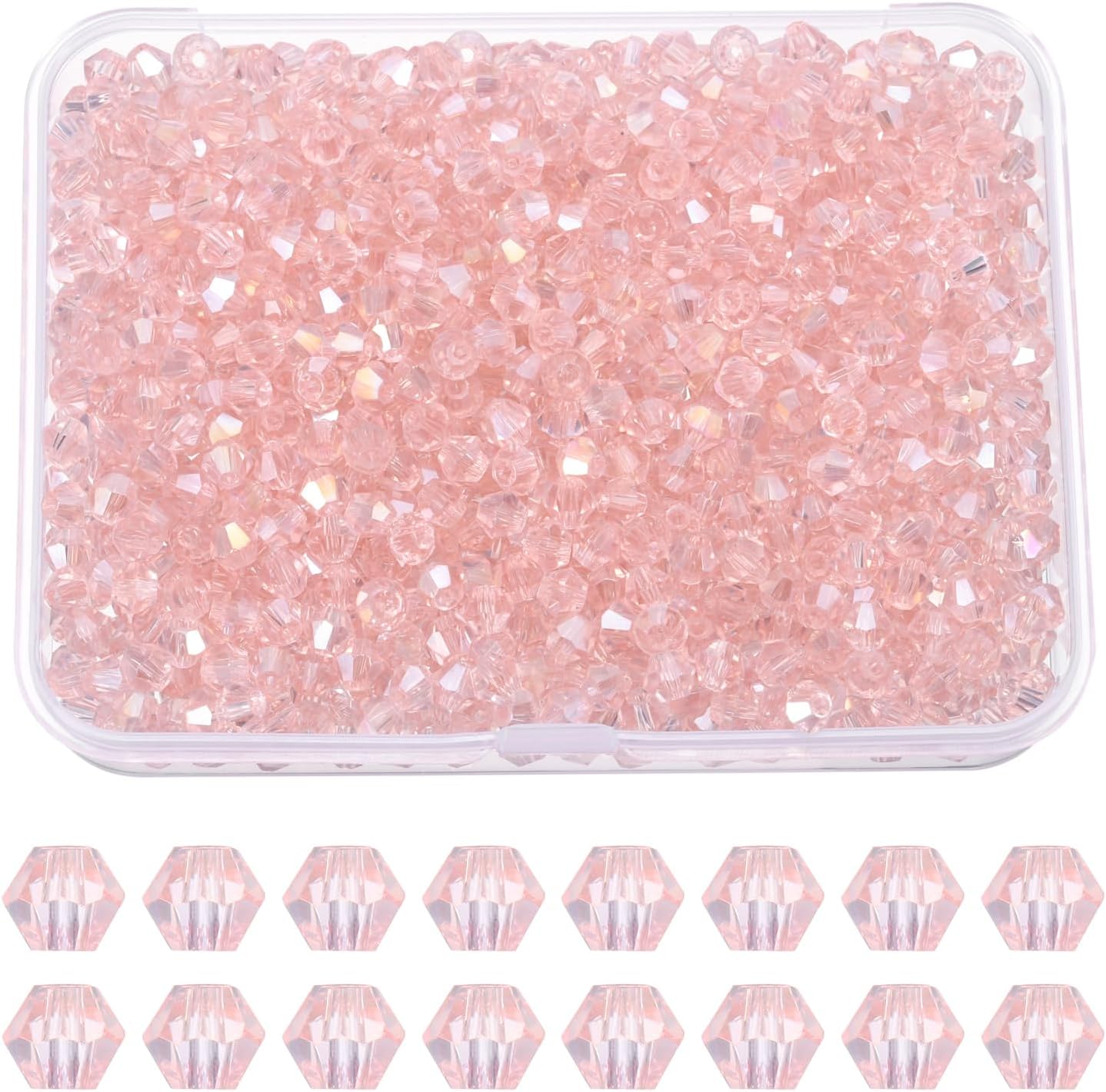 PATIKIL 1000pcs 3mm Bicone Glass Crystal Beads, Faceted Glass Spacer Beads with Box for Jewelry Making Bracelet Necklace Earrings DIY Suncatcher Craft, Pink AB