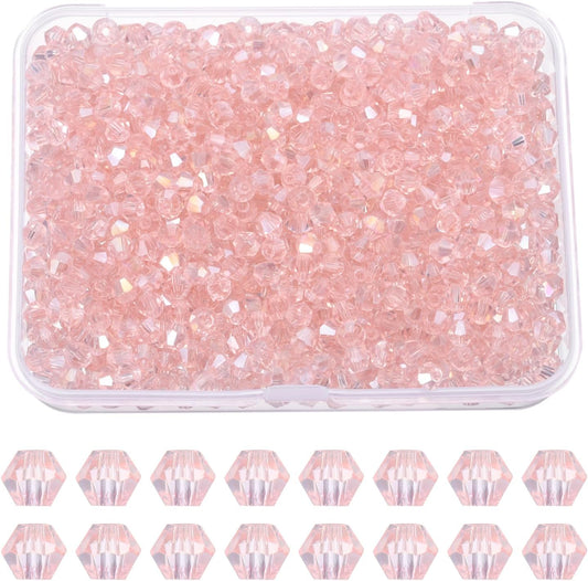 PATIKIL 1000pcs 3mm Bicone Glass Crystal Beads, Faceted Glass Spacer Beads with Box for Jewelry Making Bracelet Necklace Earrings DIY Suncatcher Craft, Pink AB
