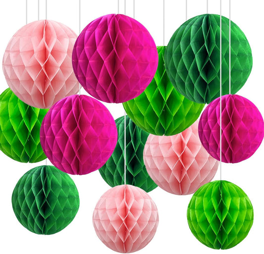 CC wonderland zone 12pcs Hot Pink and Green Paper Honeycomb Balls,6" & 10" Hanging Tissue Pom poms for Birthday Party Decoration