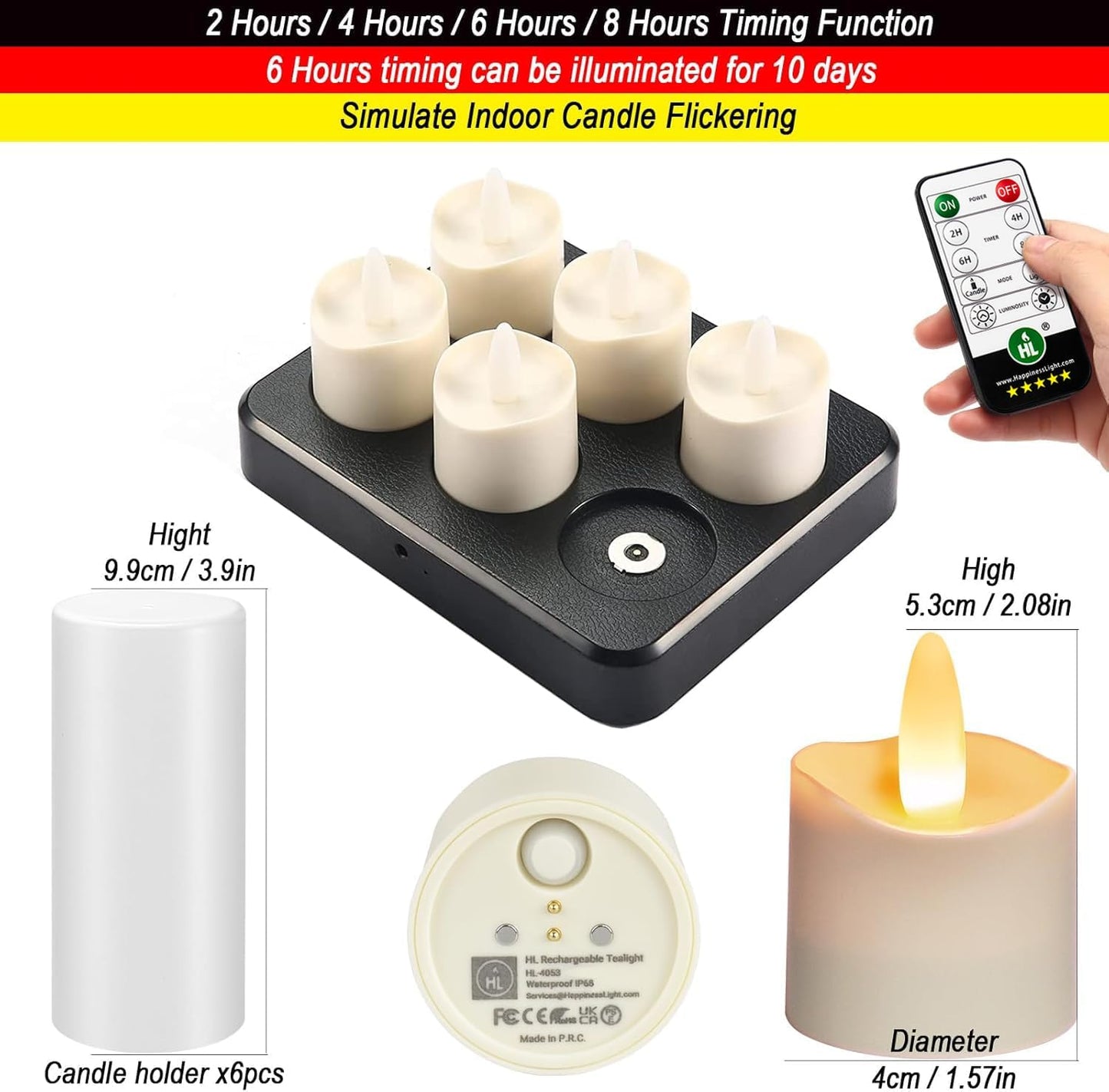 HL Flameless Candles with Remote Timer, 100+Hours Rechargeable Waterproof Outdoor Candles Tea Lights with Charging Base, Warm White LED Votive Floating Tealights for Festival Wedding Party Decor-6pc