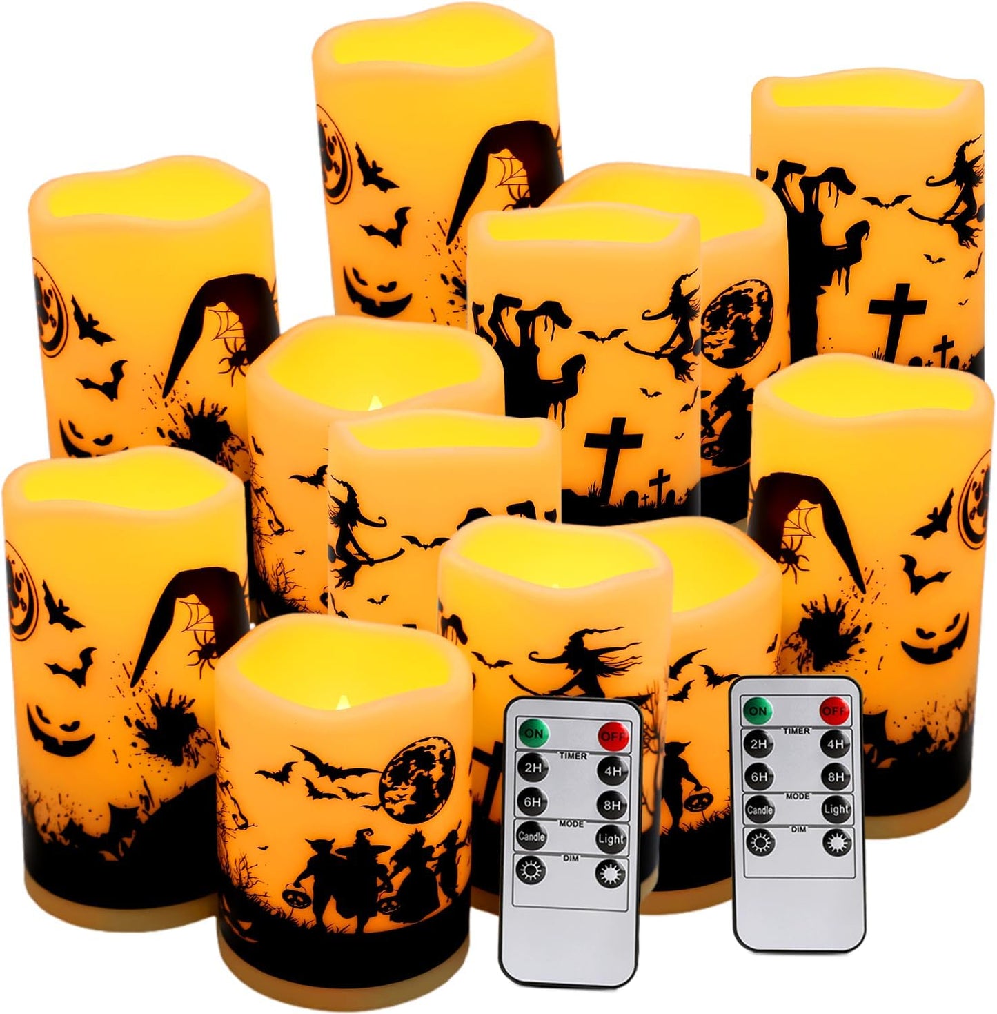 12-Pack Halloween-Flameless Led Pillar Candles，Remote Control and Timer Functions,