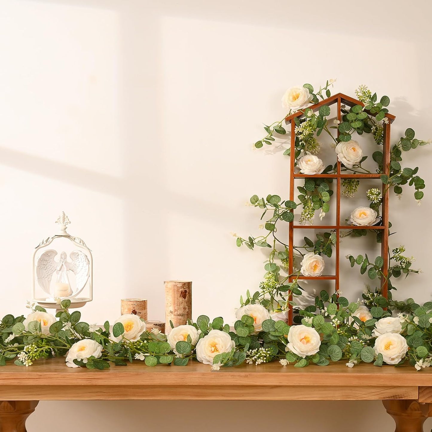 Dolicer 2Pcs 13Ft Artificial Eucalyptus Garlands with Flowers, Faux Floral Greenery Garlands Fake Flowers Vines for Wedding Centerpieces Arch Party Ceremony Backdrop Decor (Champagne)