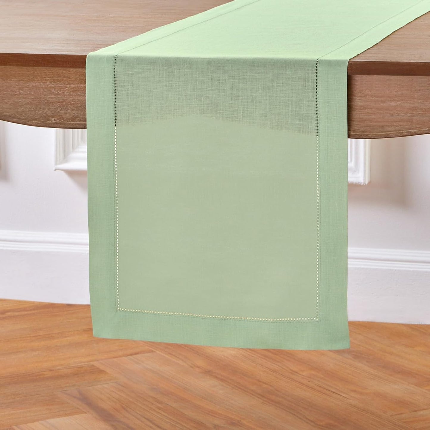 Solino Home Linen Table Runner 90 Inches Long - 100% Pure Linen Light Green Table Runner 14 x 90 Inch - Classic Hemstitch