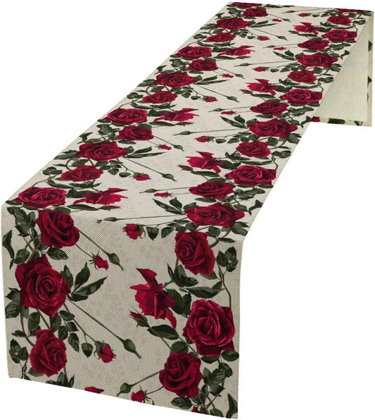 Rose Table Runner, Retro Red Rose Flowers Green Leaves Valentine's Day Kitchen Dinning Table Runner for Indoor Outdoor Home Wedding Party Holiday, 13x70 Inch