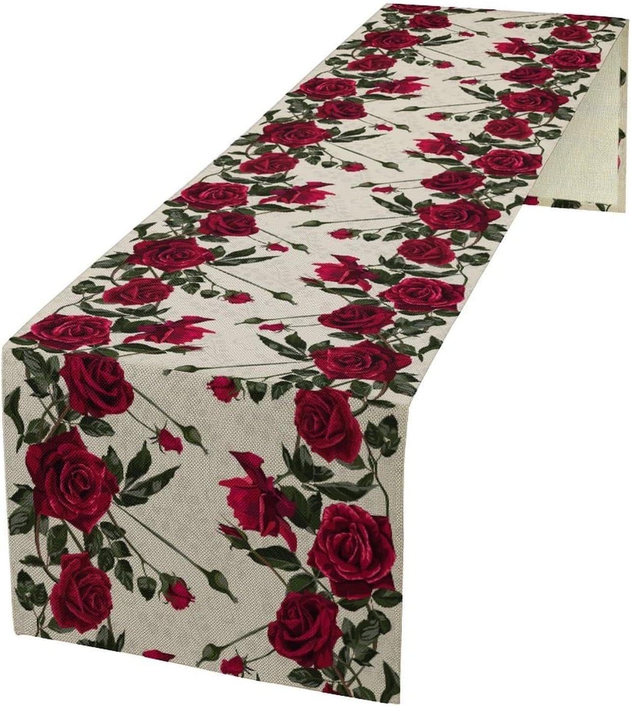 Rose Table Runner, Retro Red Rose Flowers Green Leaves Valentine's Day Kitchen Dinning Table Runner for Indoor Outdoor Home Wedding Party Holiday, 13x108 Inch