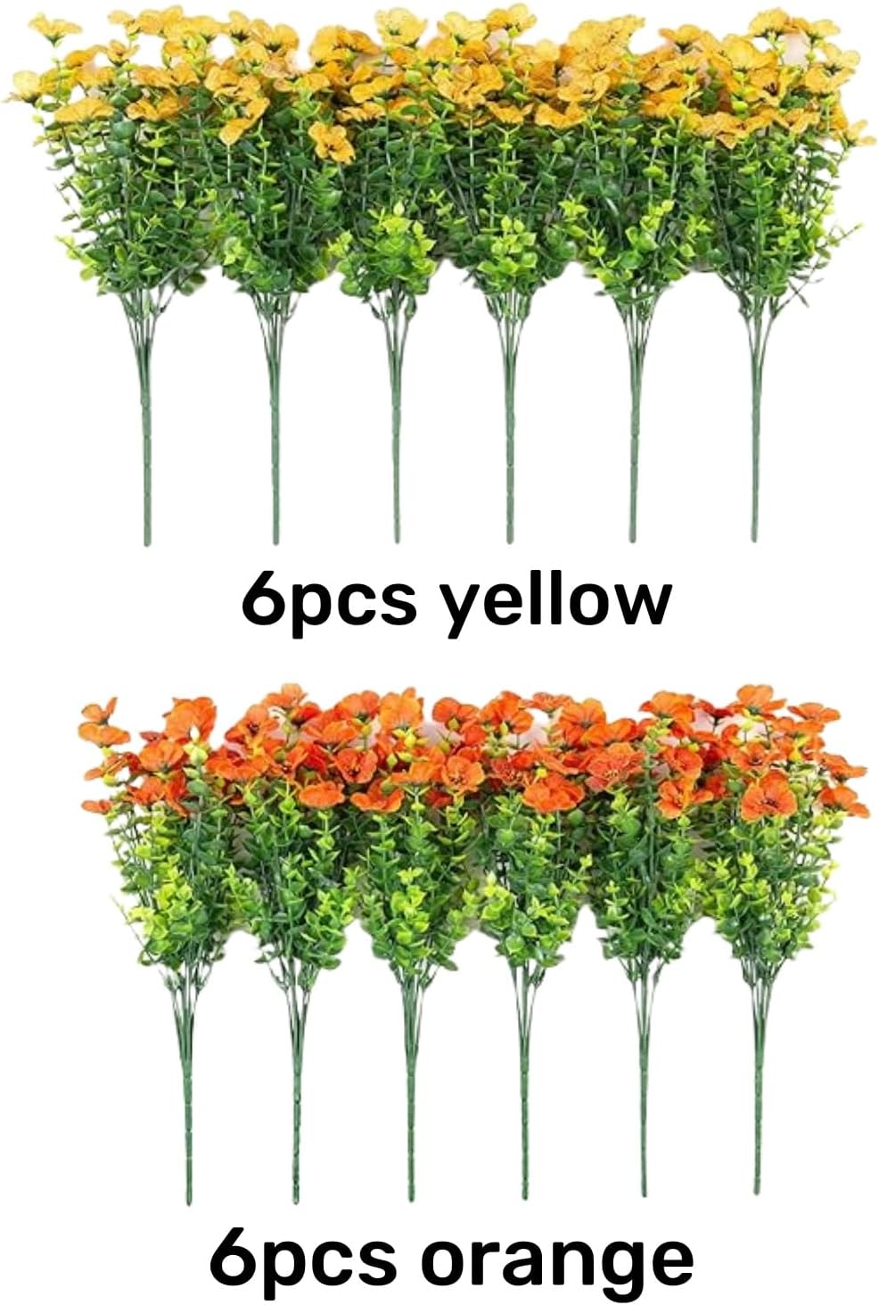 HyeFlora Artificial Fall Flowers Faux Mums for Outdoor Indoor Garden Home Decoration, Faux Flower Daisy with Eucalyptus Leaves Fake Mums Plants Greenery Boxwood Porch Patio, 12 Bundles (OrangeYellow)