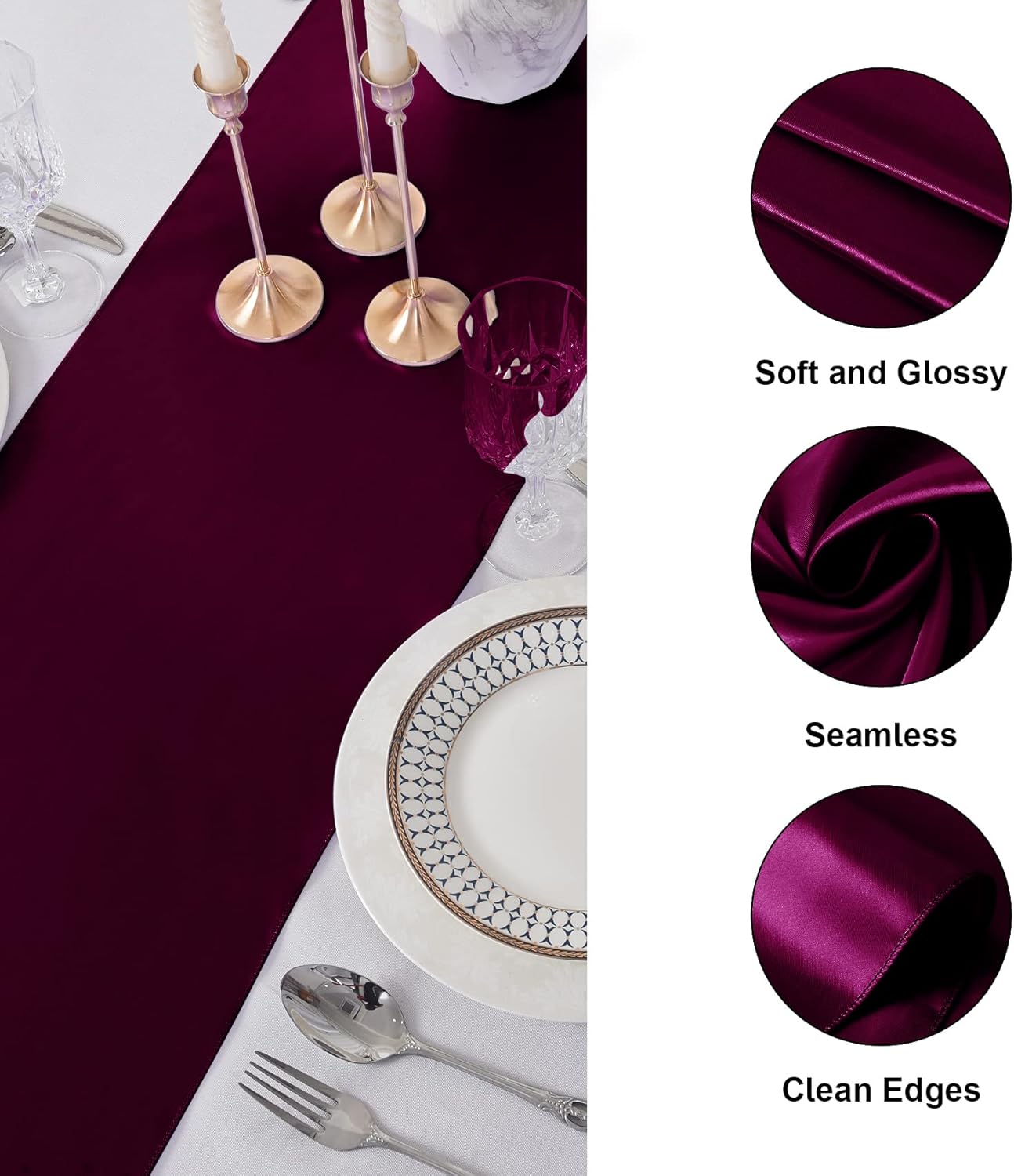 6Pack Table Runner 12 x 108 Inches Satin Silk Table Runner for Wedding, Birthday Party, Banquets, Graduations Decoration, fit Rectange and Round Table-Burgundy