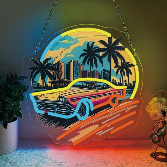 Sports Car Neon Signs for Wall Decor,Racing Car LED Signs for Bedroom,Cool UV Print Hawaiian Style Neon Sign for Boys And Girls Room,Sunset Lamp Man Cave Garage Gaming Lights Game Room Decor