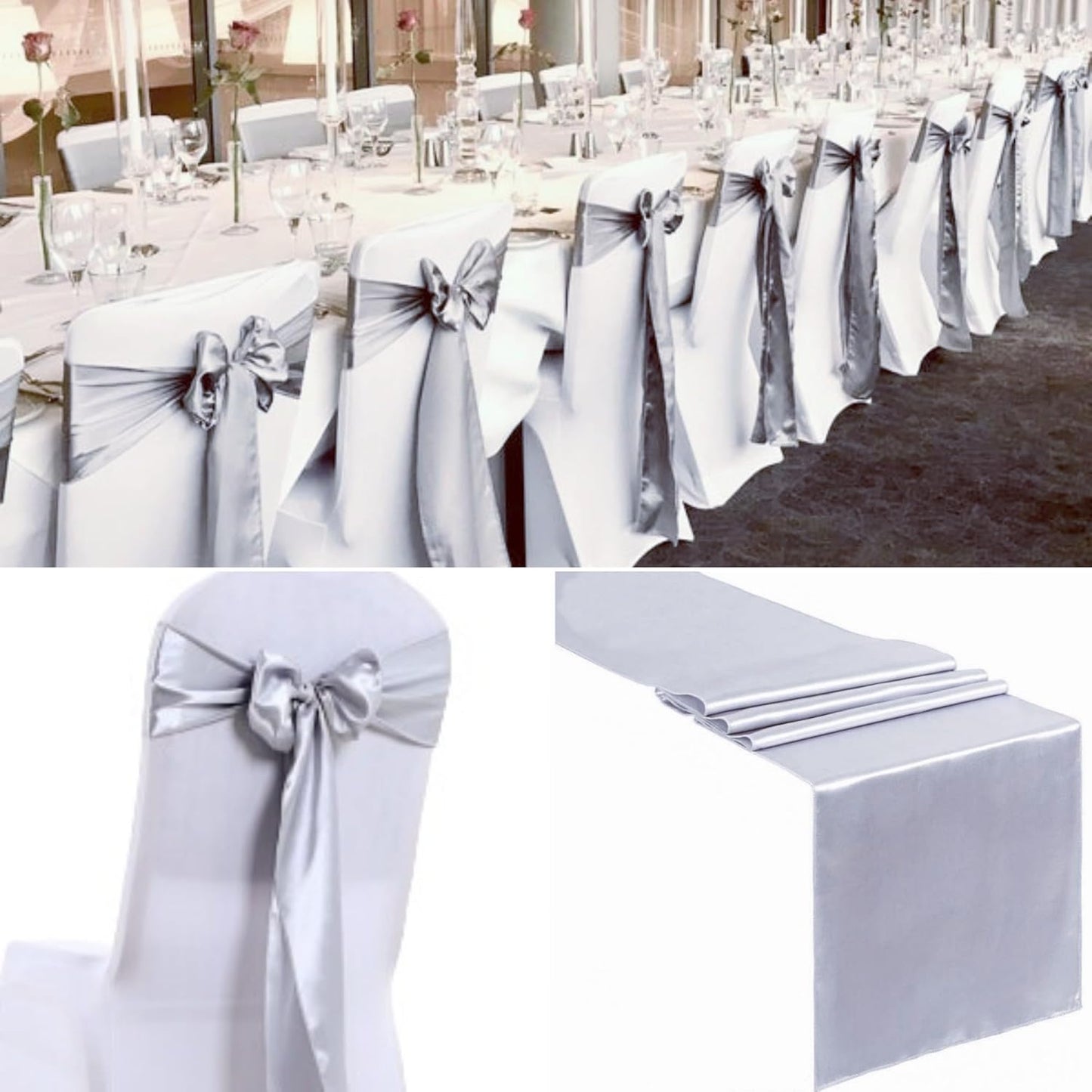 100 PCS Satin Chair Sashes Decorative Bow Chair Sashes Ties Ribbon Bows Chairs Cover Band for Wedding Birthday Party Ceremony Reception Banquet Events Hotel Home Kitchen Christmas(7x108inch,Silver)