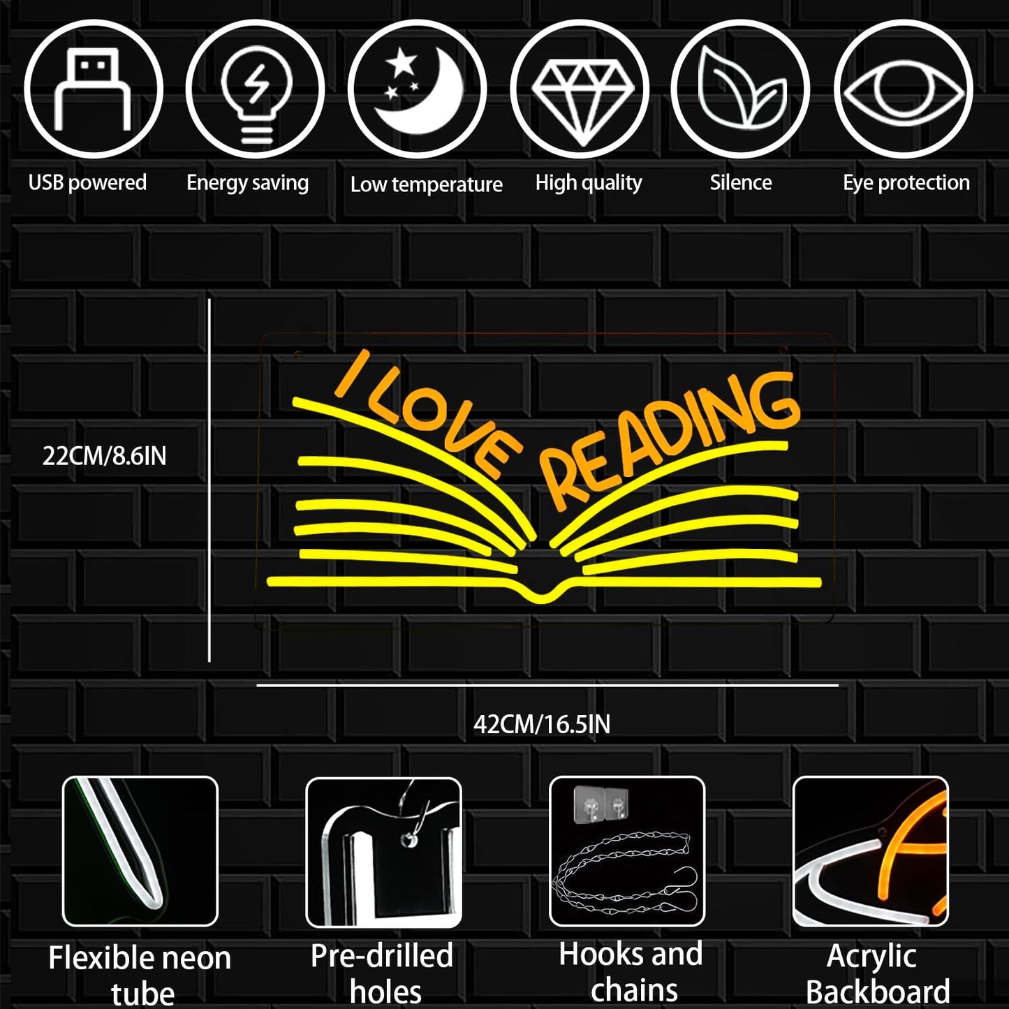 I Love Reading Neon Sign for Wall Decor, Yellow Read More Books Neon Light, Dimmable Classroom LED Light Up Sign for Classroom, Bookstore, Library, Bedroom
