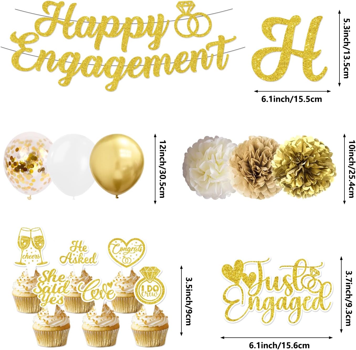 Engagement Party Decorations, Just Engaged Decorations, Happy Engagement Banner Set with Paper Pom Poms, Tissue Tassels, Balloons, Garland & Cake Topper for Wedding Bachelorette Party (Gold)