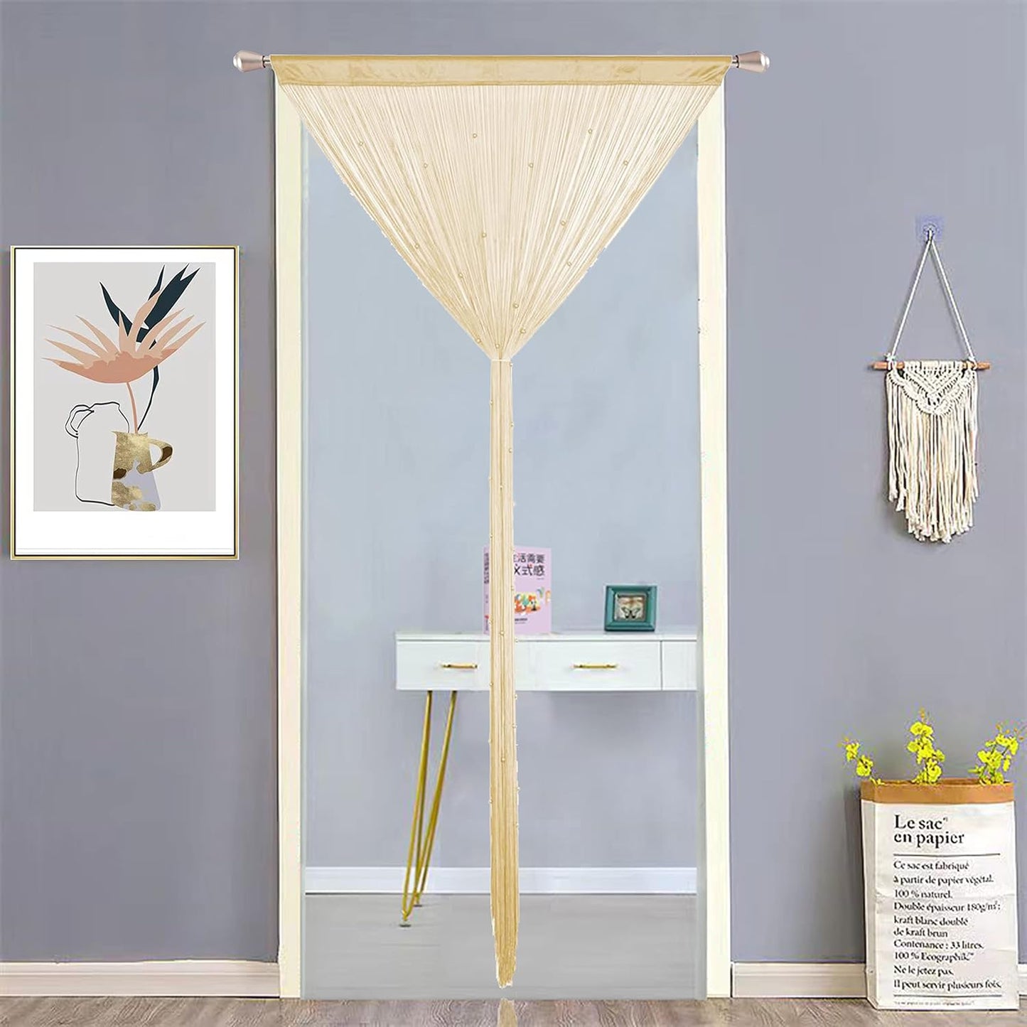 Beaded Doorway Curtain Door Beads Dense String Curtains Fringe Hippie Perfect for Wall Hanging Decor Room Divider Privacy Doors Window Closet Doorways Decorations (100x280cm,Beige)