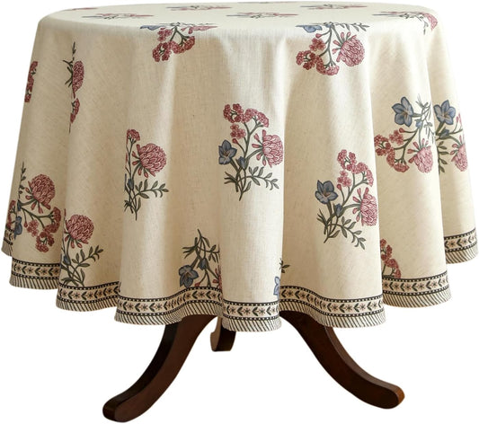ISAENNE Designer Linen Light Beige Small Round Tablecloth,French Colorful Floral Table Cloth,Stain Resistant Decor Tablecloths for Dining Thanksgiving Christmas Kitchen,Diameter 55"-Helena E