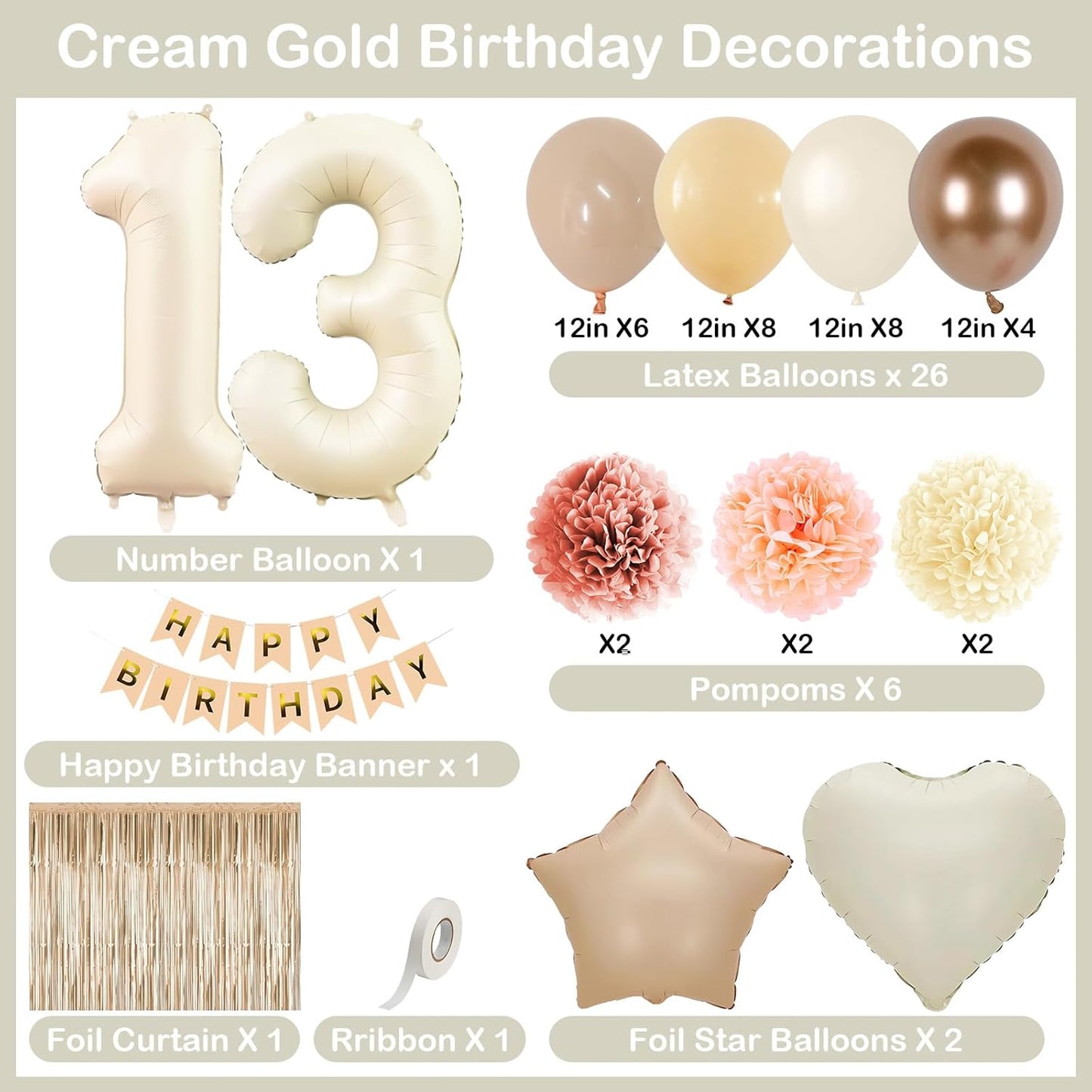 Beige 13th Birthday Decorations Girls Boys Cream Number 13 Balloon Nude Gold Happy Birthday Banner Fringe Curtain Paper Pom Poms Blush White Sand Champagne Star Foil Balloons Neutral Boho Party Decor