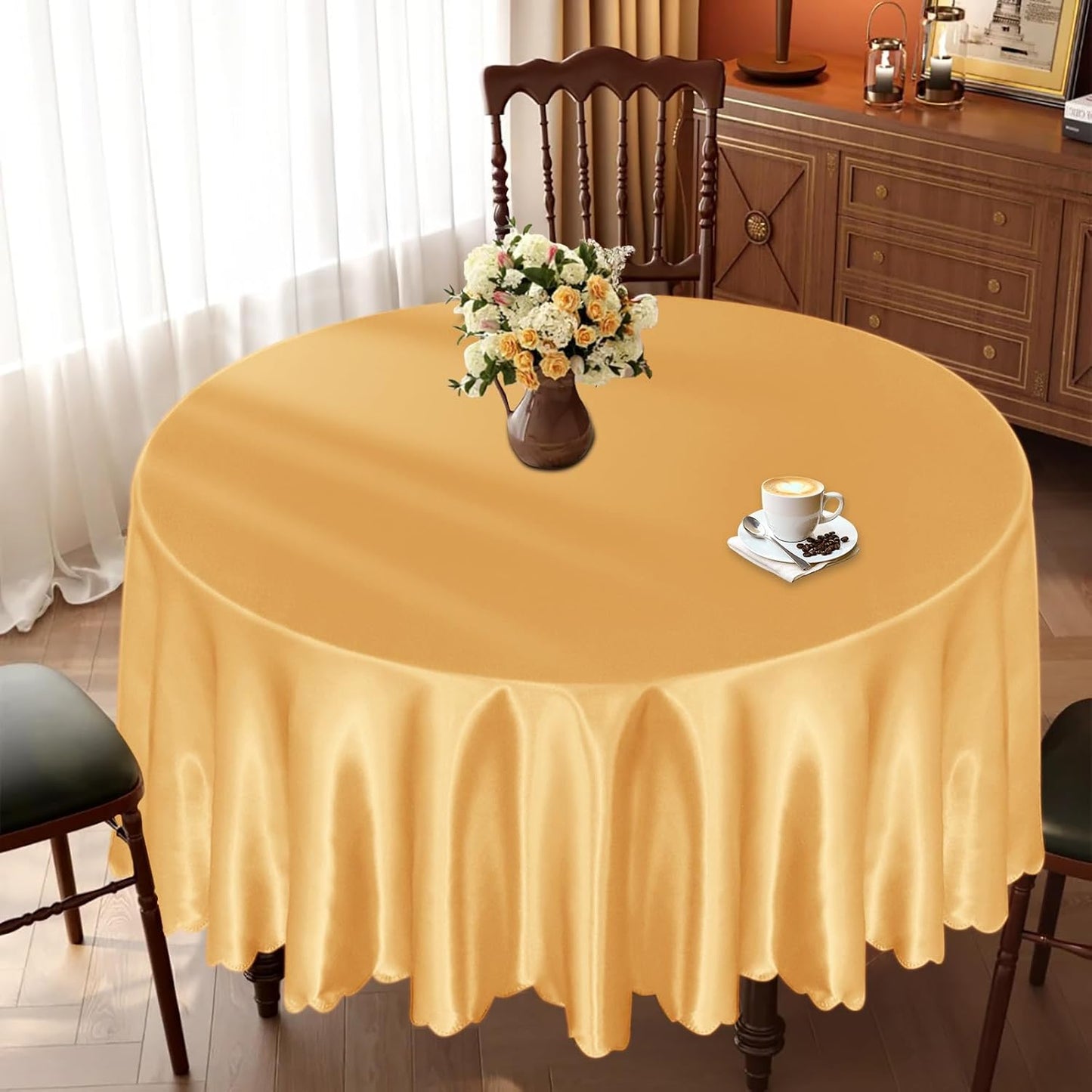 KKJIAF 1 Pack Round Table Cloths 90 Inch, Gold Overlay Round Satin Table Cover, Silky Satin Dining Tablecloths for Wedding Buffet Parties Banquet Decoration