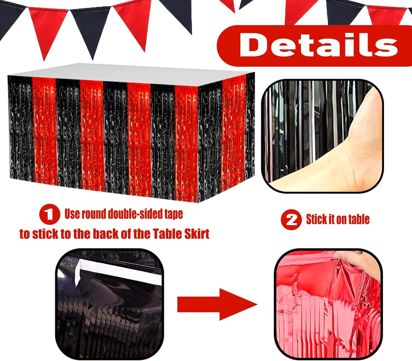 4 Pack 29x108 Inch Metallic Foil Fringe Tinsel Table Skirts for Rectangle Tables Streamer Backdrop for Wedding, Birthday, Parade Floats, Christmas, Halloween Party Decoration(Black Red)