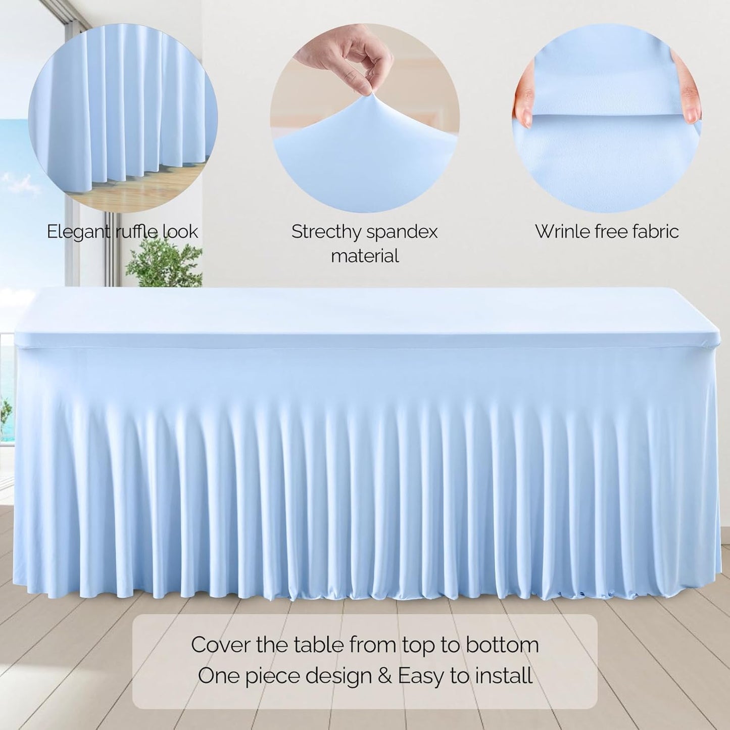 Wish Care 2 Pack Baby Blue Spandex Table Clothes for 6 Foot Rectangle Tables, 6FT Wrinkle Free Fitted Tablecloths Ruffles Design Table Cover for Party, Banquet, Wedding and Events