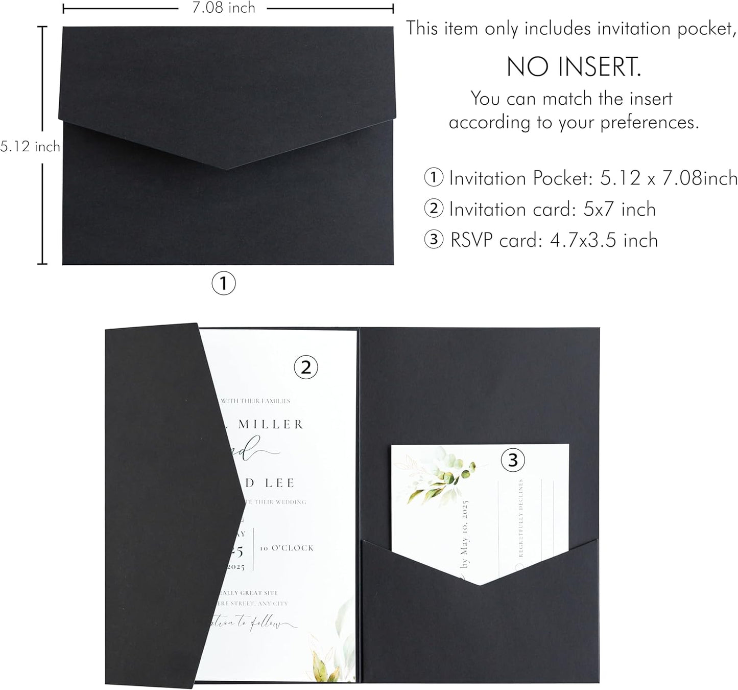 20 PCS Black Tri-fold Laser Cut Wedding Invitation Pockets for 5x7 Wedding Cards Bridal Shower Engagement Quinceanera Invitation