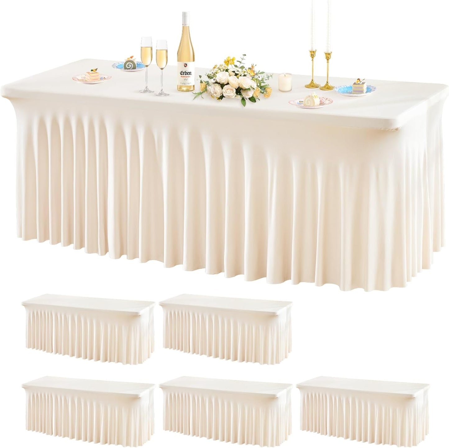 Wish Care 6 Pack Ivory Spandex Table Clothes for 8 Foot Rectangle Tables, 8FT Wrinkle Free Fitted Tablecloths Ruffles Design Table Cover for Party, Banquet, Wedding and Events
